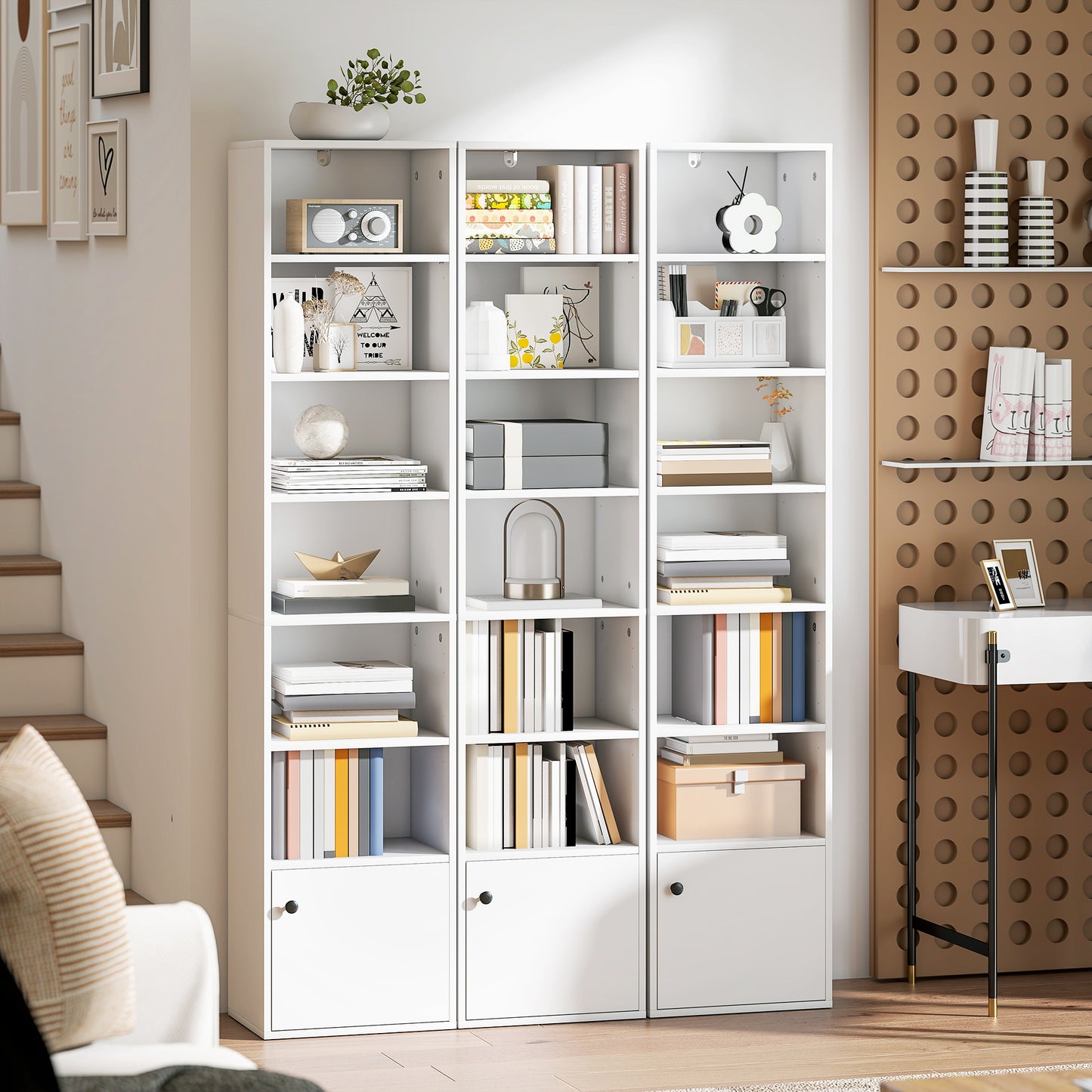 7-Tier Bookcase, Display Shelf Unit with Adjustable Shelf and Cabinet, White