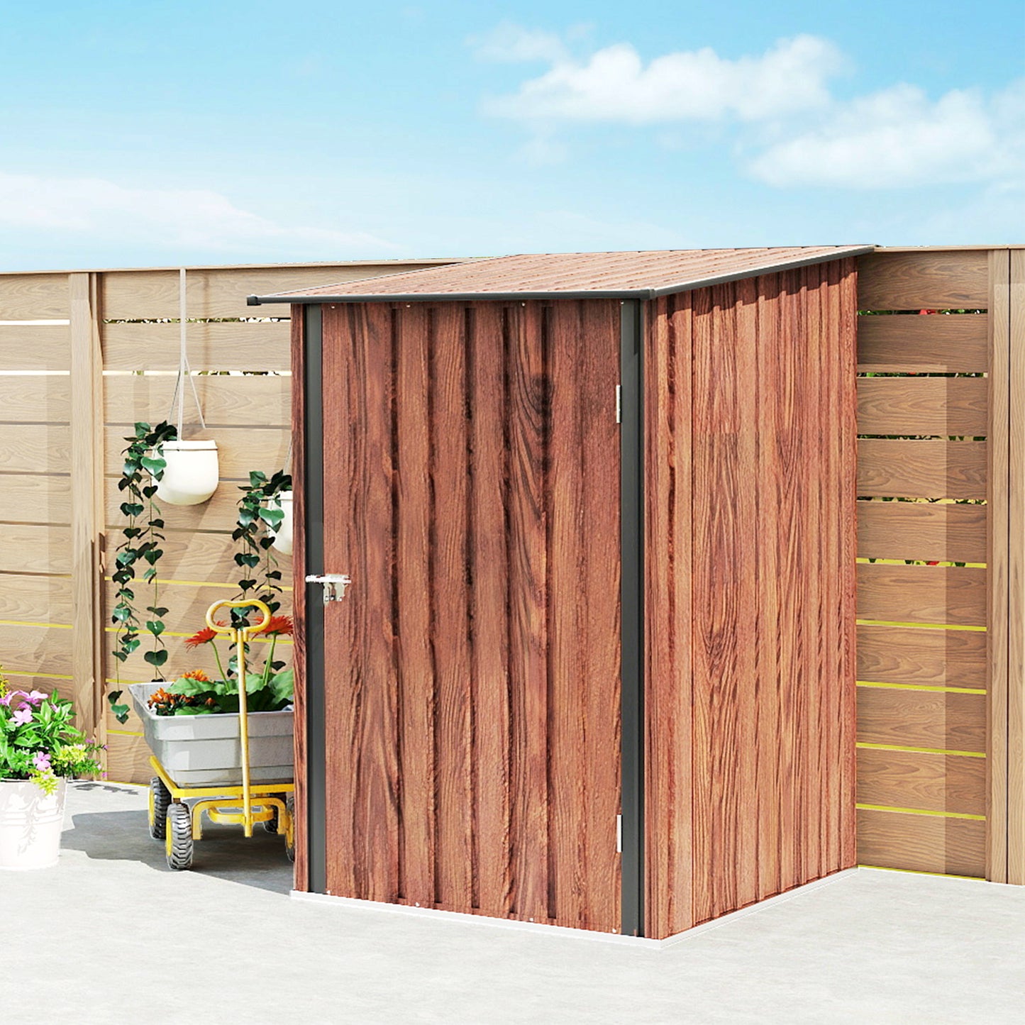 3.3' x 3.4' Lean-to Garden Storage Shed, Outdoor Galvanized Steel Tool House with Lockable Door for Patio, Teak