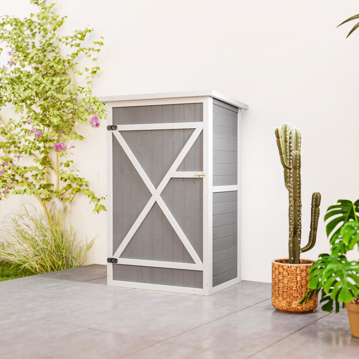 29.9"x21.7"x45.3" Garden Storage Shed with Asphalt Roof, Outdoor Storage Cabinet w/ Shelves, Grey