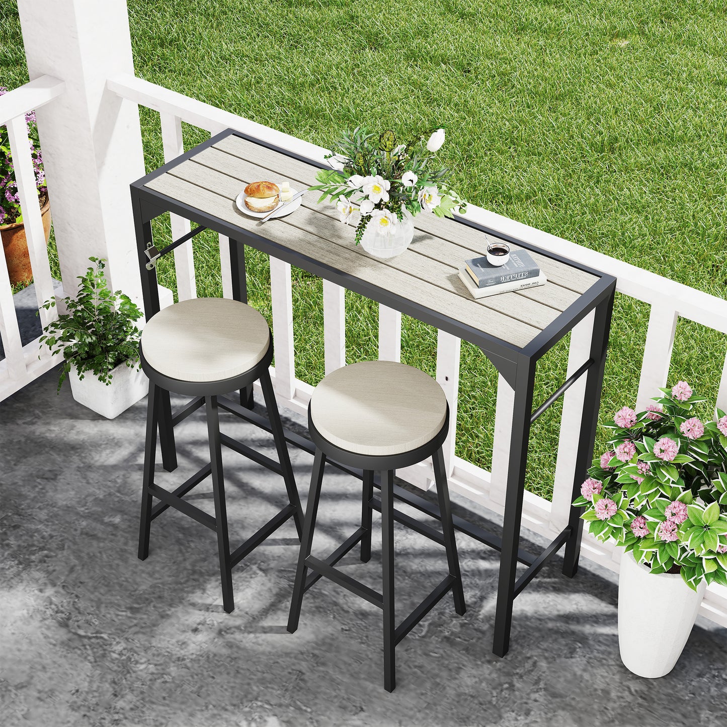 Bar Height Outdoor Table with Built-In Bottle Opener, Patio Bar Table with Wood Grain Plastic Top, 47.2" x 15" x 39"
