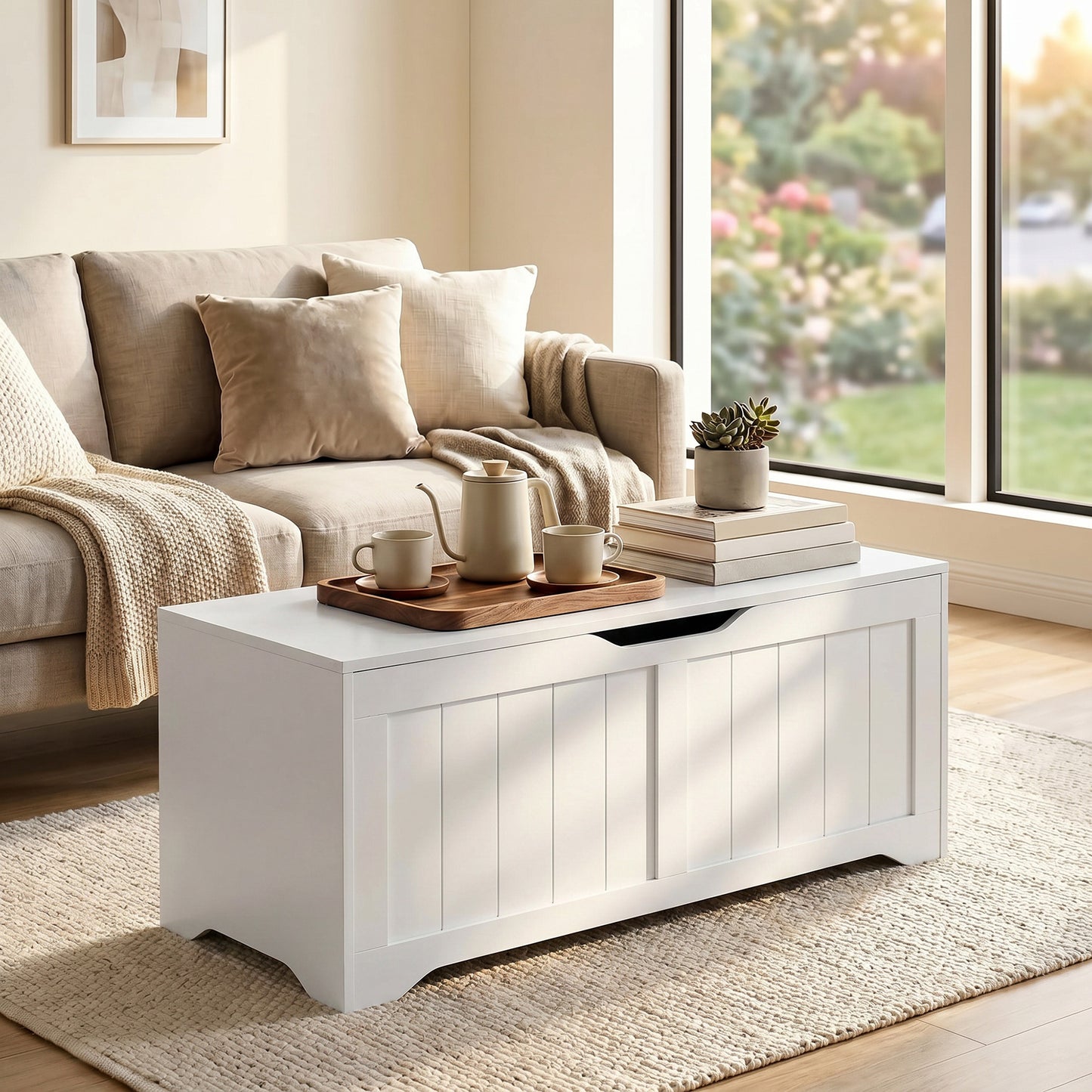 Storage Bench with Lift Top Storage Chest with Safety Hinges for Entryway, Living Room, White
