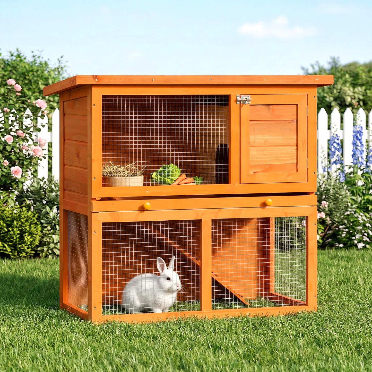 Wooden Rabbit Hutch, Indoor Outdoor Bunny Cage with Run, 2- Level Guinea Pig House with Slide-Out Tray, Waterproof Roof, Yellow