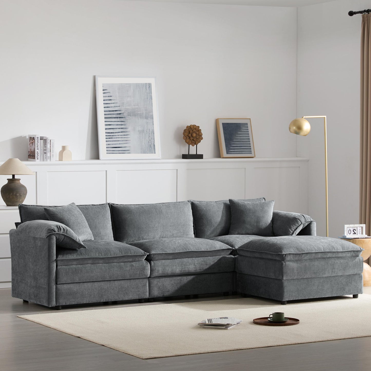 Modular Sectional Sofa with Deep Wide Seats and Cushions, L-Shaped Cloud Couch with Movable Ottoman, 103" L x 59.5" W x 33" H, Dark Gray