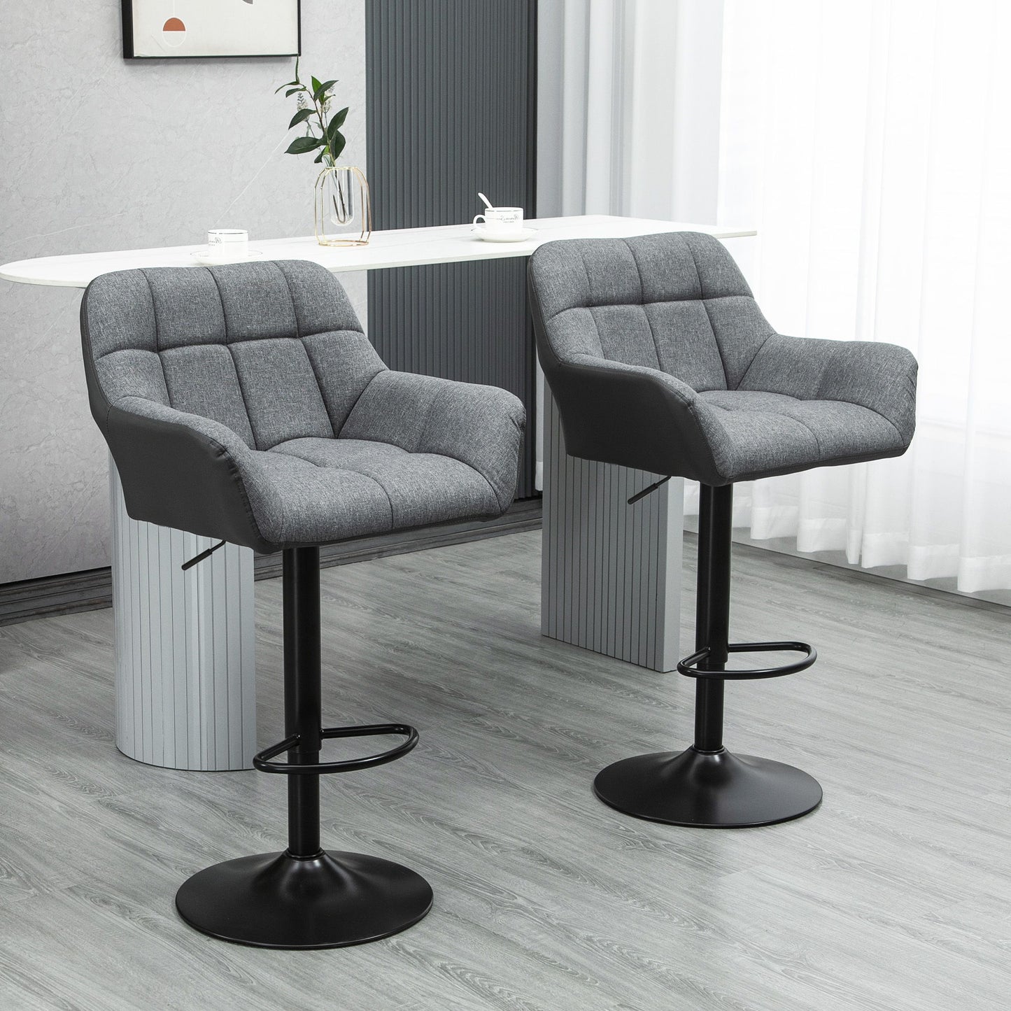 Swivel Barstools Set of 2 Adjustable Bar Stools with Footrest Armrests and PU Leather Back for Dining Room Grey