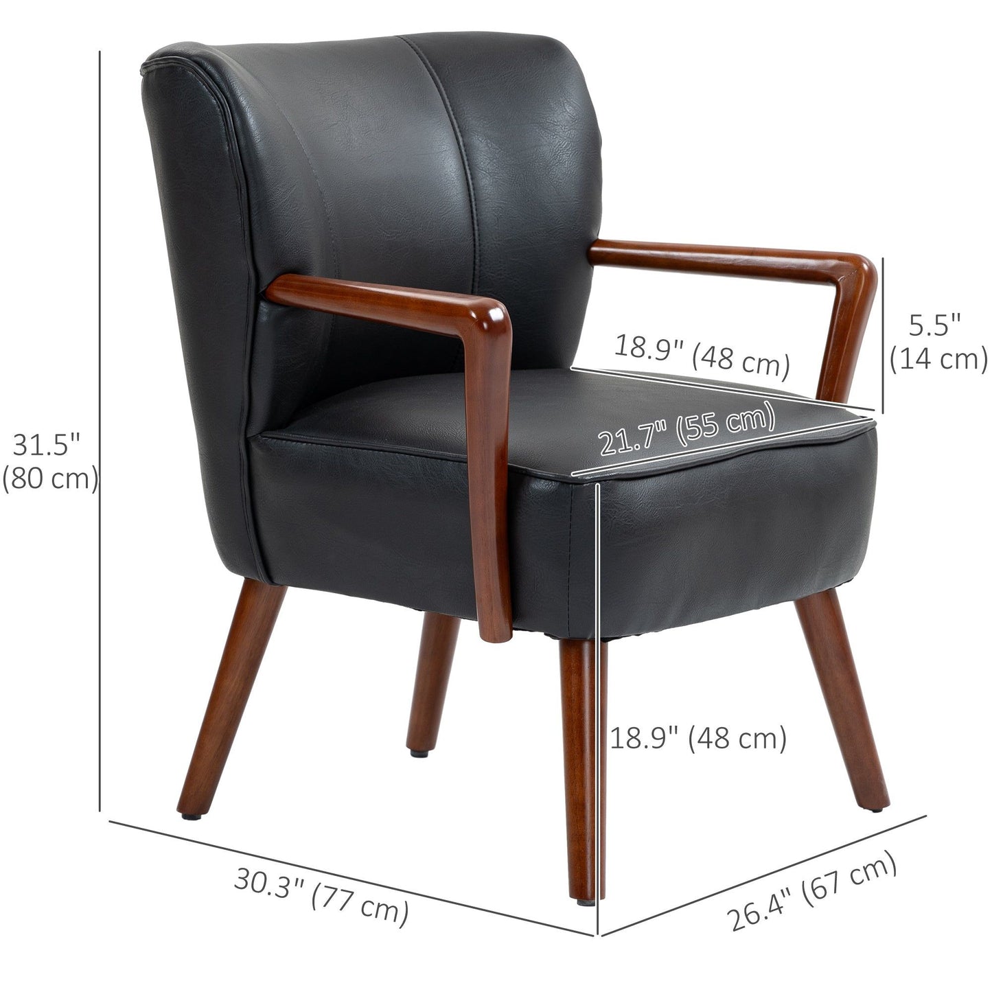Faux Leather Accent Armchair with Wood Legs - Black