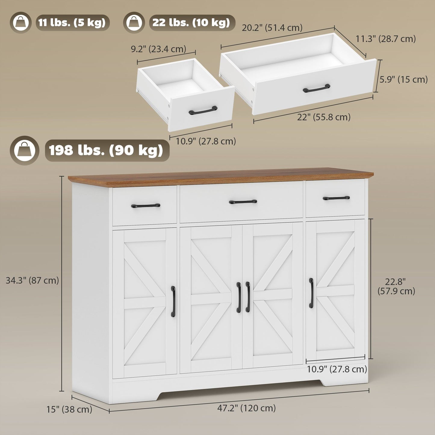 47" Farmhouse Buffet Cabinet with 3 Drawers - White