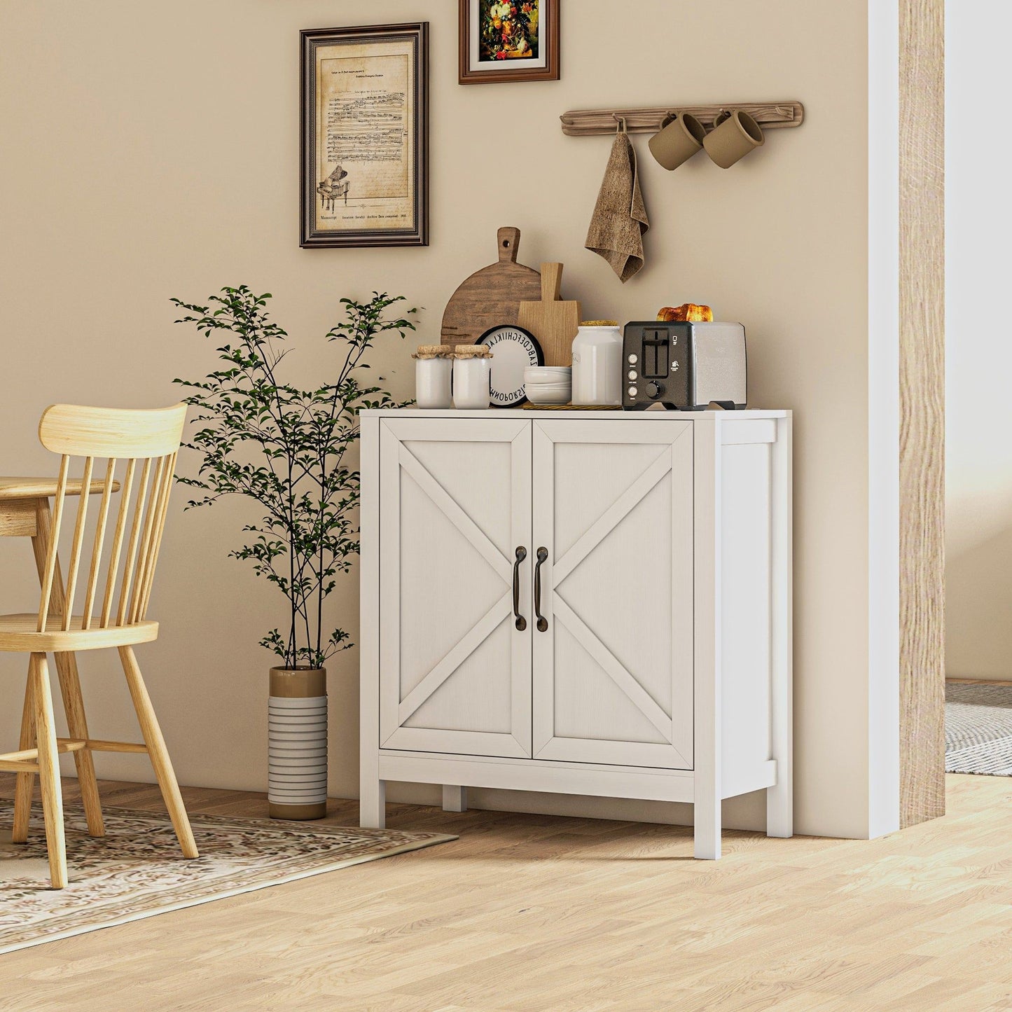 Sideboard Buffet with Barn Door and Shelves - White Wood Grain