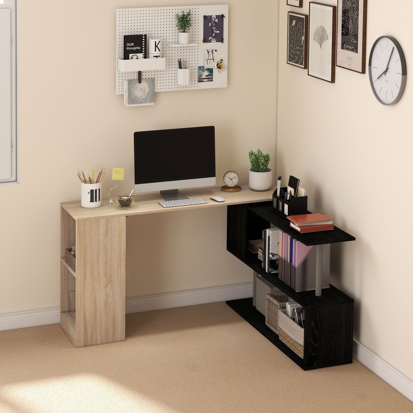 55" Corner Computer Desk, 360° Rotating L-Shaped Desk, Home Office Workstation with 3-Tier Shelves, Bookshelf
