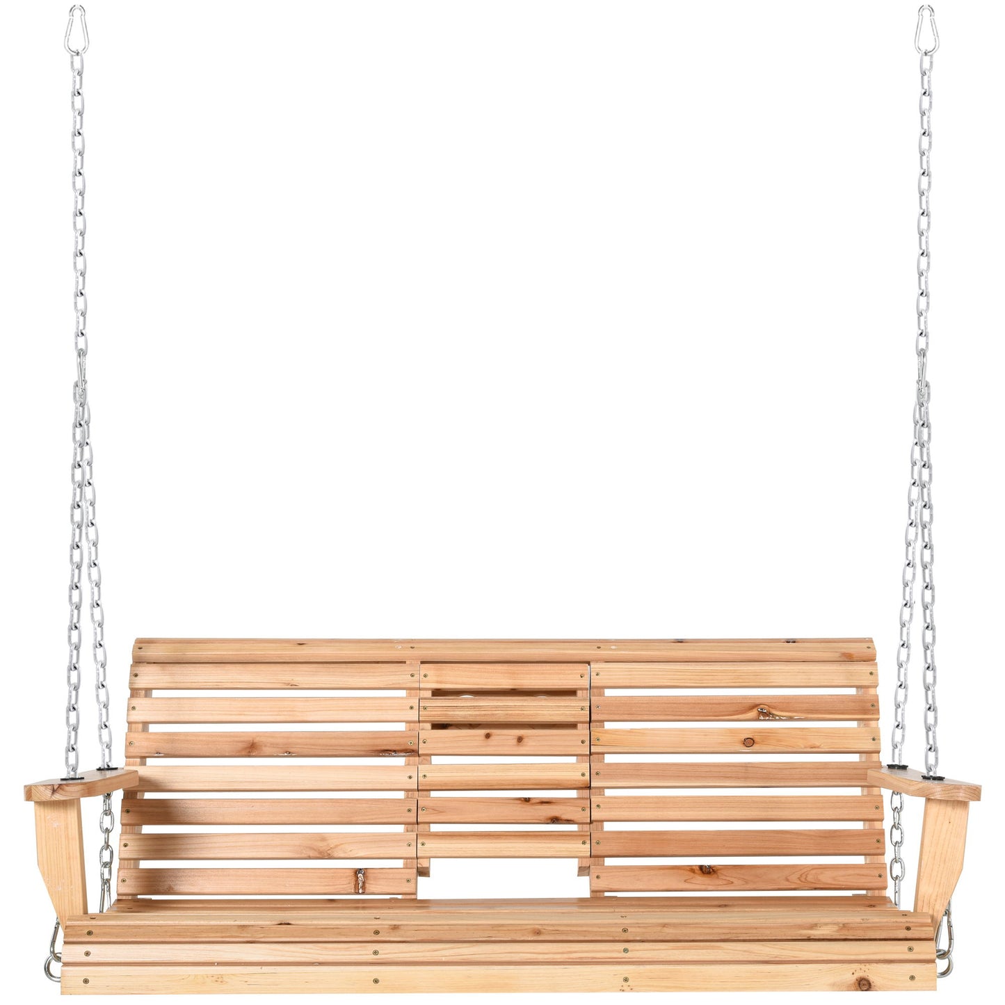 3 Seater Patio Swing Chair Wood Porch Swing with Foldable Table, Cup Holders, Steel Chains for Garden, Yard, Natural