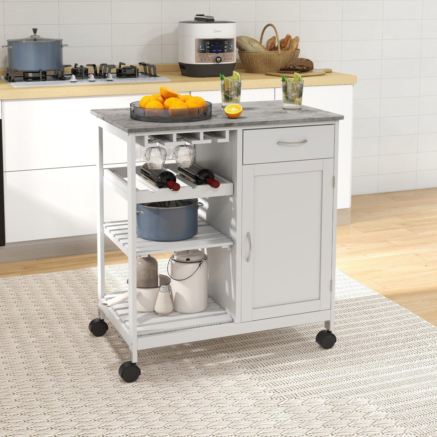 Rolling Kitchen Cart with Wine Rack and Marble Top - White