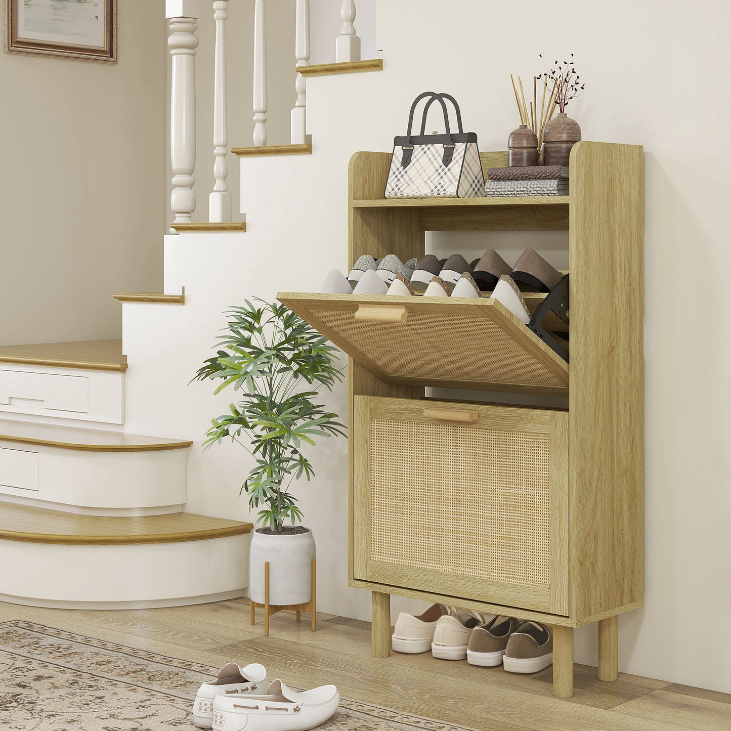 Slim Shoe Storage with 2 Flip Drawers and Adjustable Shelves, Rattan Shoe Cabinet Organizer for 12 Pair, Oak