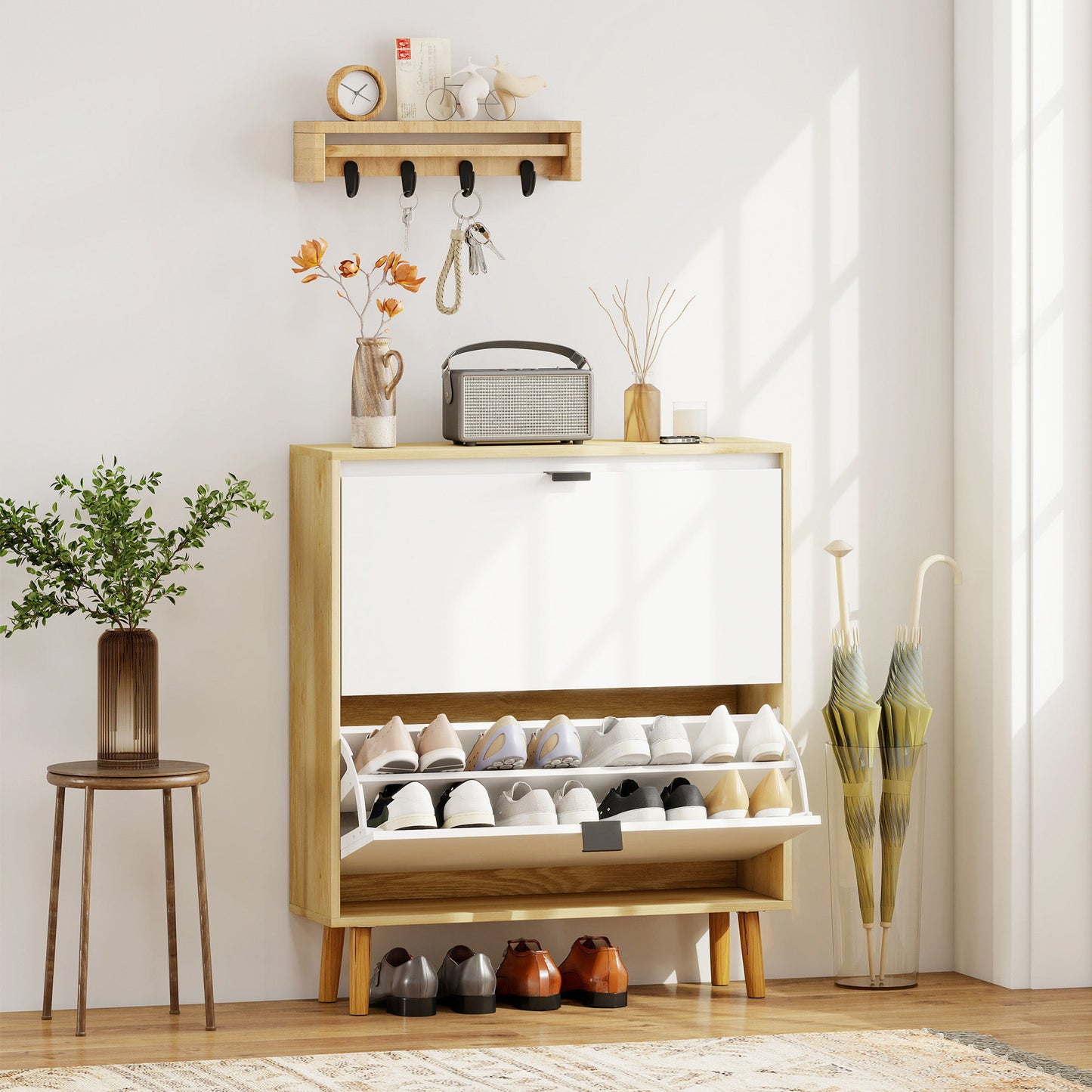 Narrow Shoe Cabinet, High Gloss Shoe Storage Cabinet with 2 Flip Drawers and Adjustable Shelves, Holds 16 Pairs, White