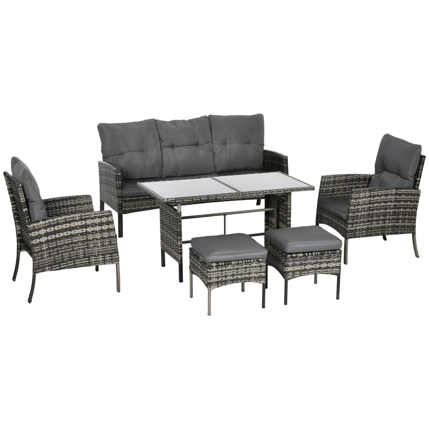 6-Piece Outdoor Patio Furniture Set with Chairs, Ottomans, Sofa, Glass Top Coffee Table and Cushions, Wicker Rattan Conversation Set for Backyard and Porch, Grey