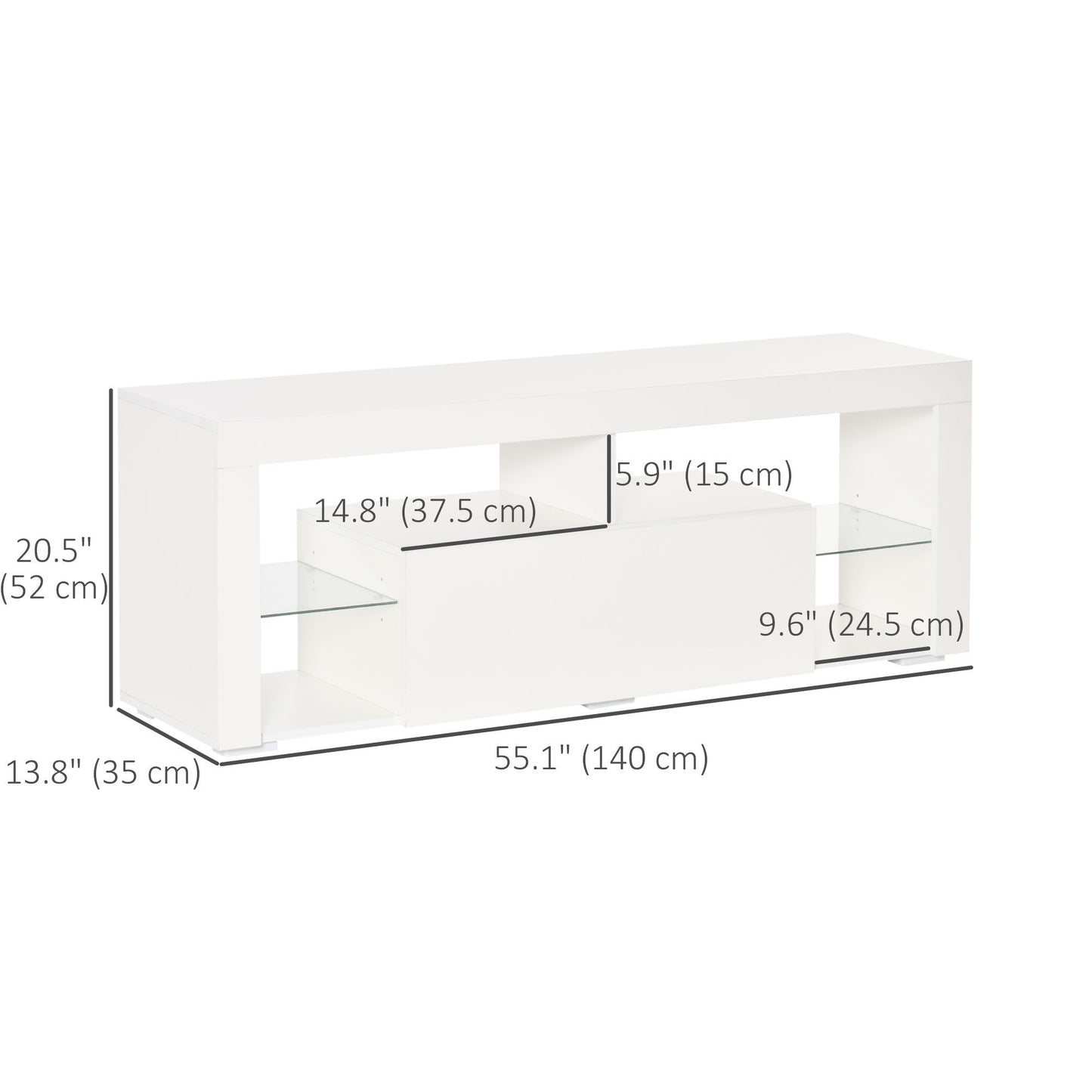 TV Stand for 55-Inch TVs, High Gloss TV Bench with LED Lights, Remote Control, Storage Drawer and Shelves, Entertainment Unit for Living Room, Bedroom, White