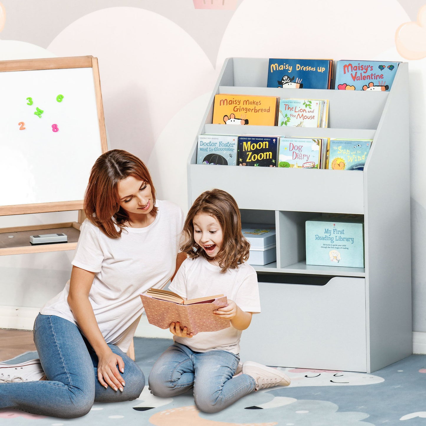 Kids Bookcase Multi-Shelf Rack Organizer with Storage Drawer for Books for Reading Nook, Classroom, Bedroom, Playroom, Grey