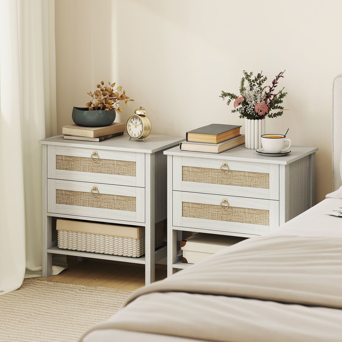 Set of 2 Boho Bedside Tables, Rattan Nightstands with 2 Drawers, Storage Shelf, End Side Tables for Bedroom, White Oak