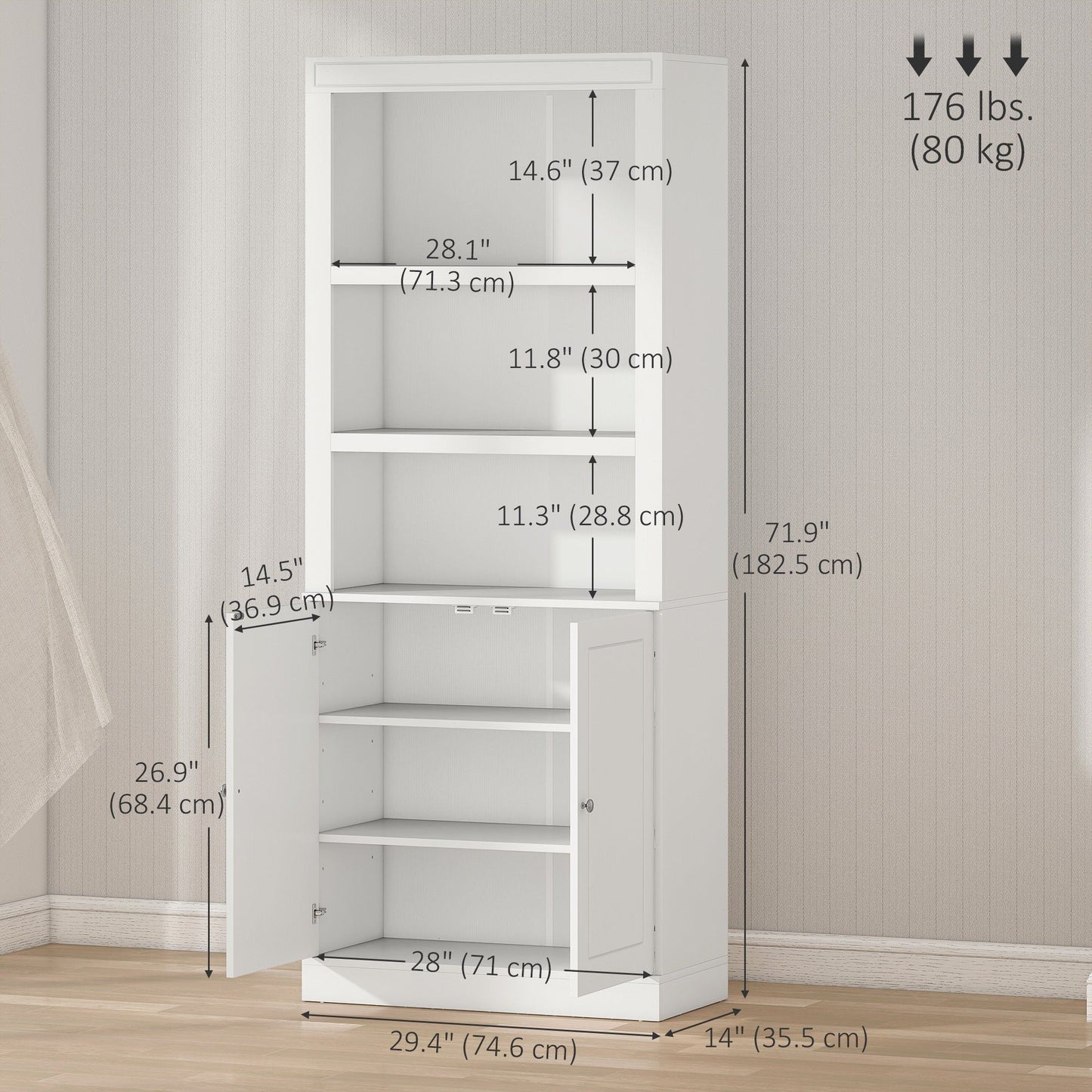72" Kitchen Buffet with Hutch and 6-Tier Shelving - White