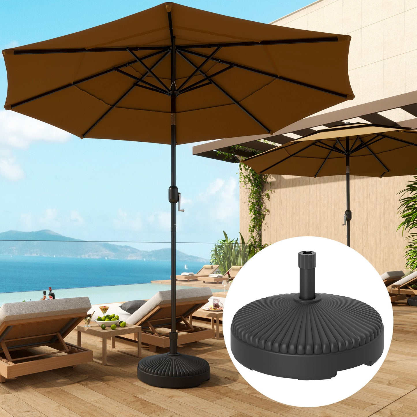 Round Plastic Patio Umbrella Base Parasol Holder Outdoor Umbrella Stand, Filled Up to 62lbs with Sand or 51lbs with Water for Garden, Poolside, Black