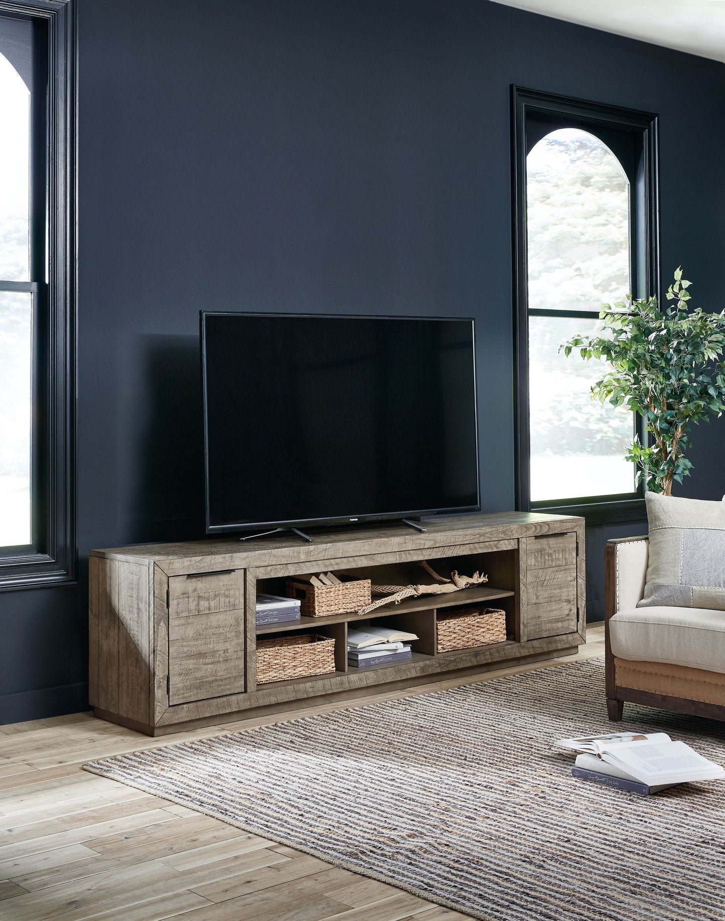 Krystanza - Weathered Gray - TV Stand with Wide Fireplace Insert - Forward Furniture