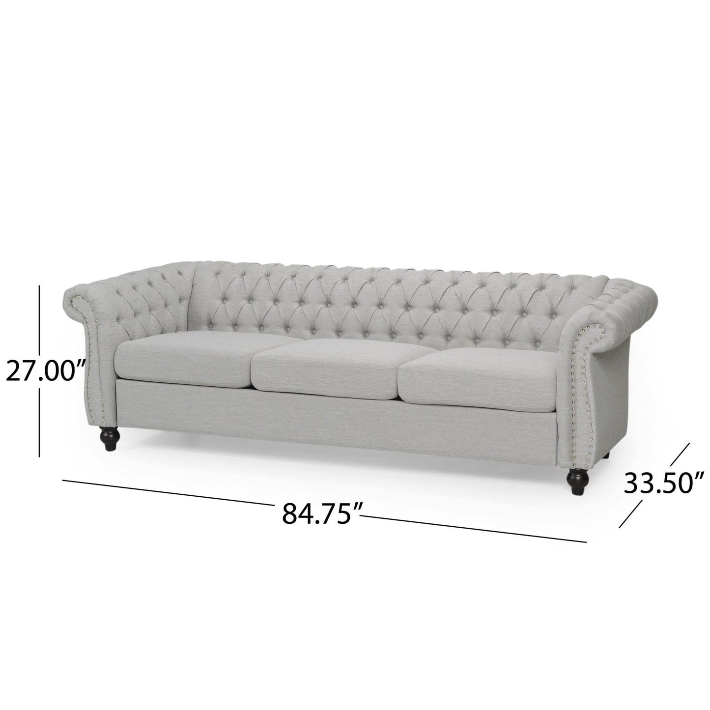 3-Seater Chesterfield Sofa with Deep Button Tufting and Scrolled Arms, Daybed Perfect for Living Room, 84.5'' L x 33.5'' W x 27'' H, Grey
