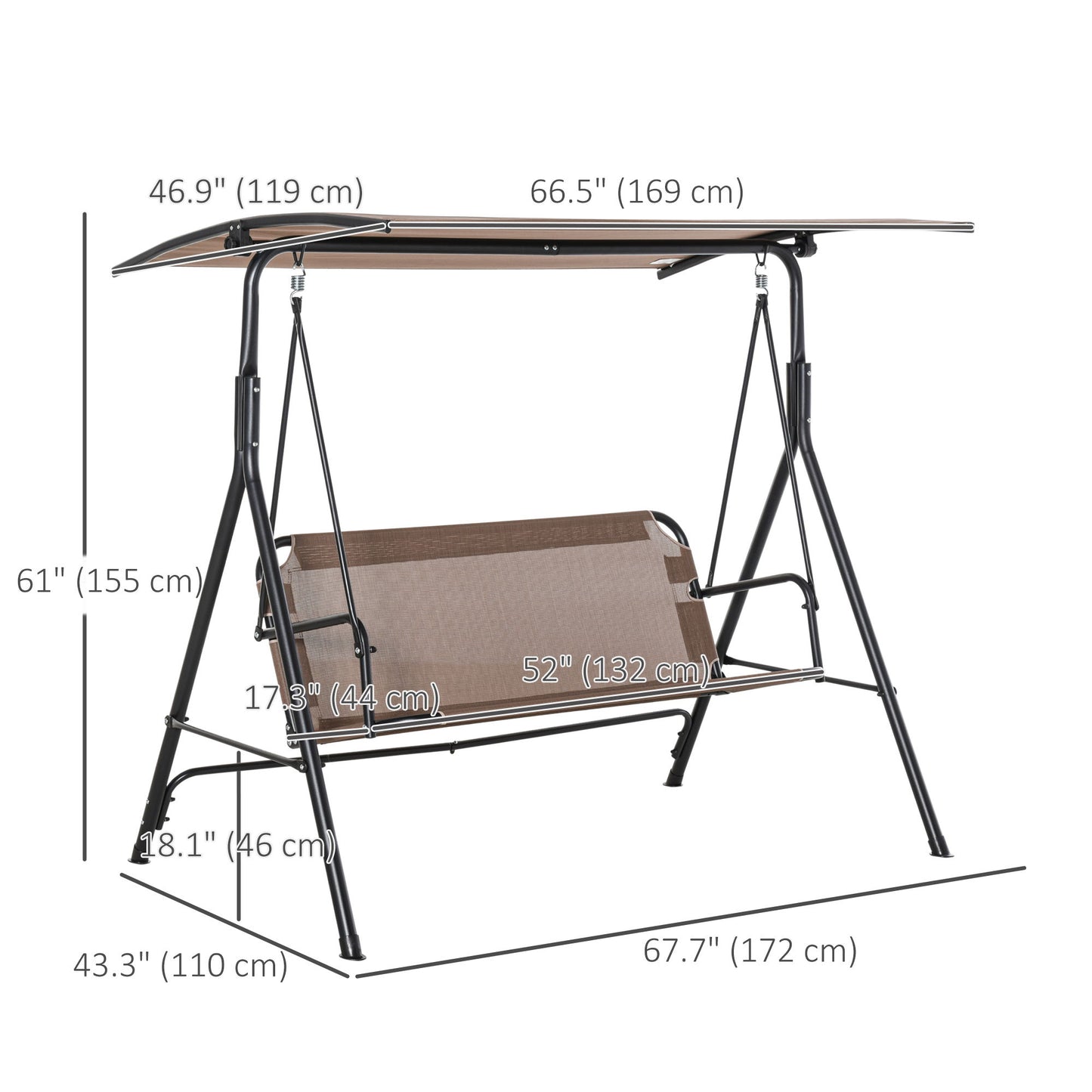 2-Person Porch Swing Chair, 2 Seater Patio Swing Bench w/ Adjustable Canopy, Breathable Seat for Garden, Poolside, Brown