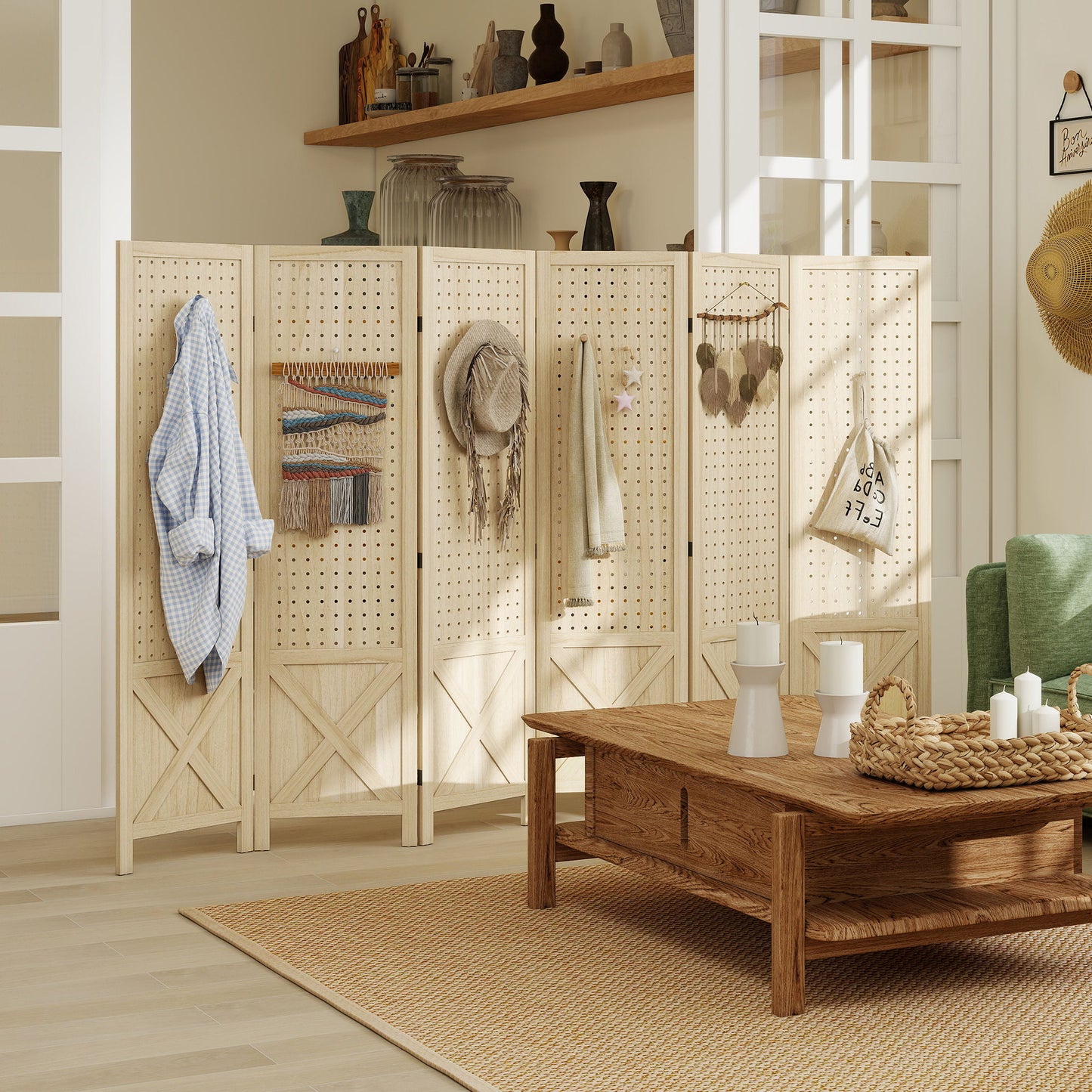 Wooden Room Divider with Pegboard Display, 6 Panel Folding Privacy Screen for Home Office, Natural Wood