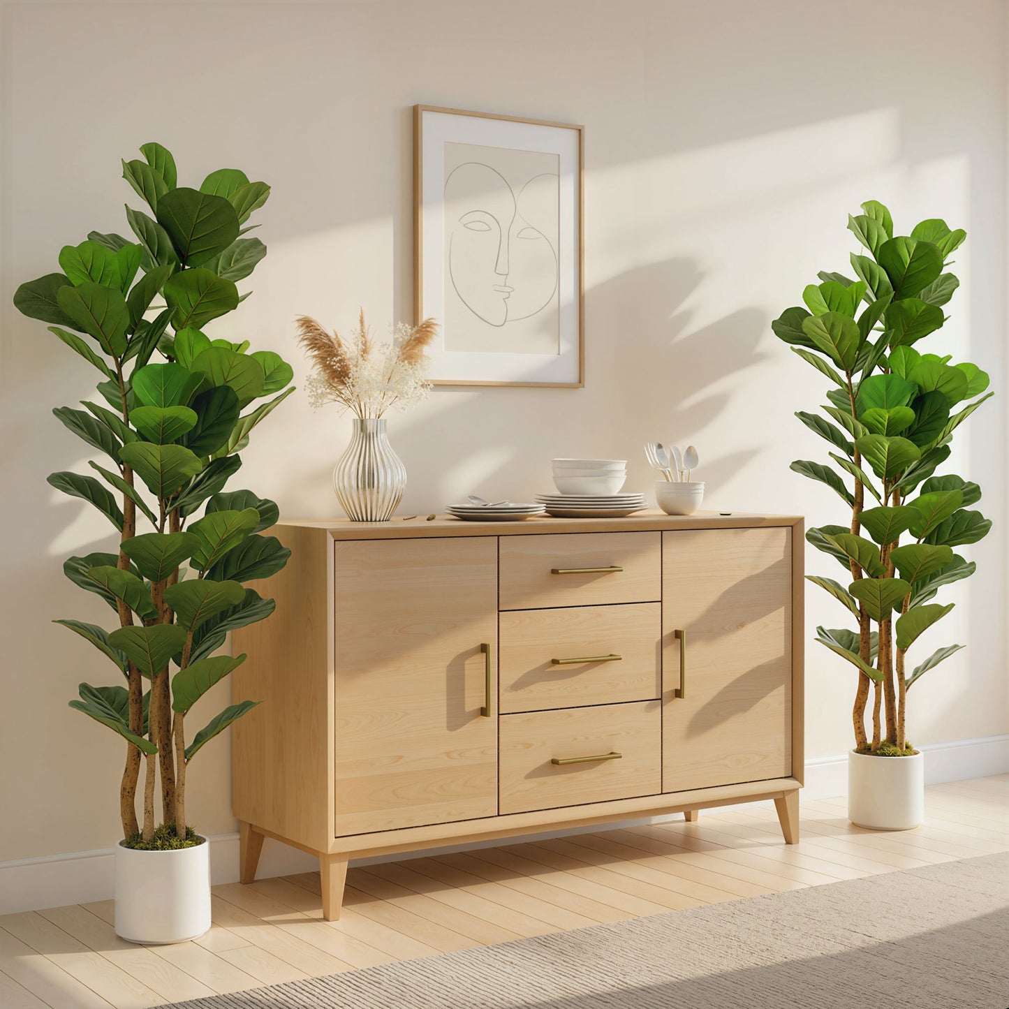 6FT Artificial Fiddle Leaf Fig Tree Set of 2, Fake Potted Tree with Solid Wood Trunks for Indoor Decor, Green