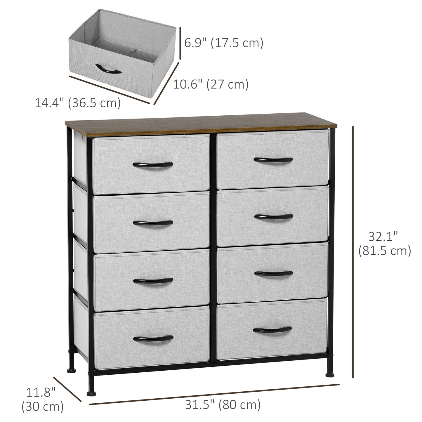 8 Drawer Dresser for Bedroom, Fabric Chest of Drawers with Steel Frame, Wood Grain Top and Handles, Grey