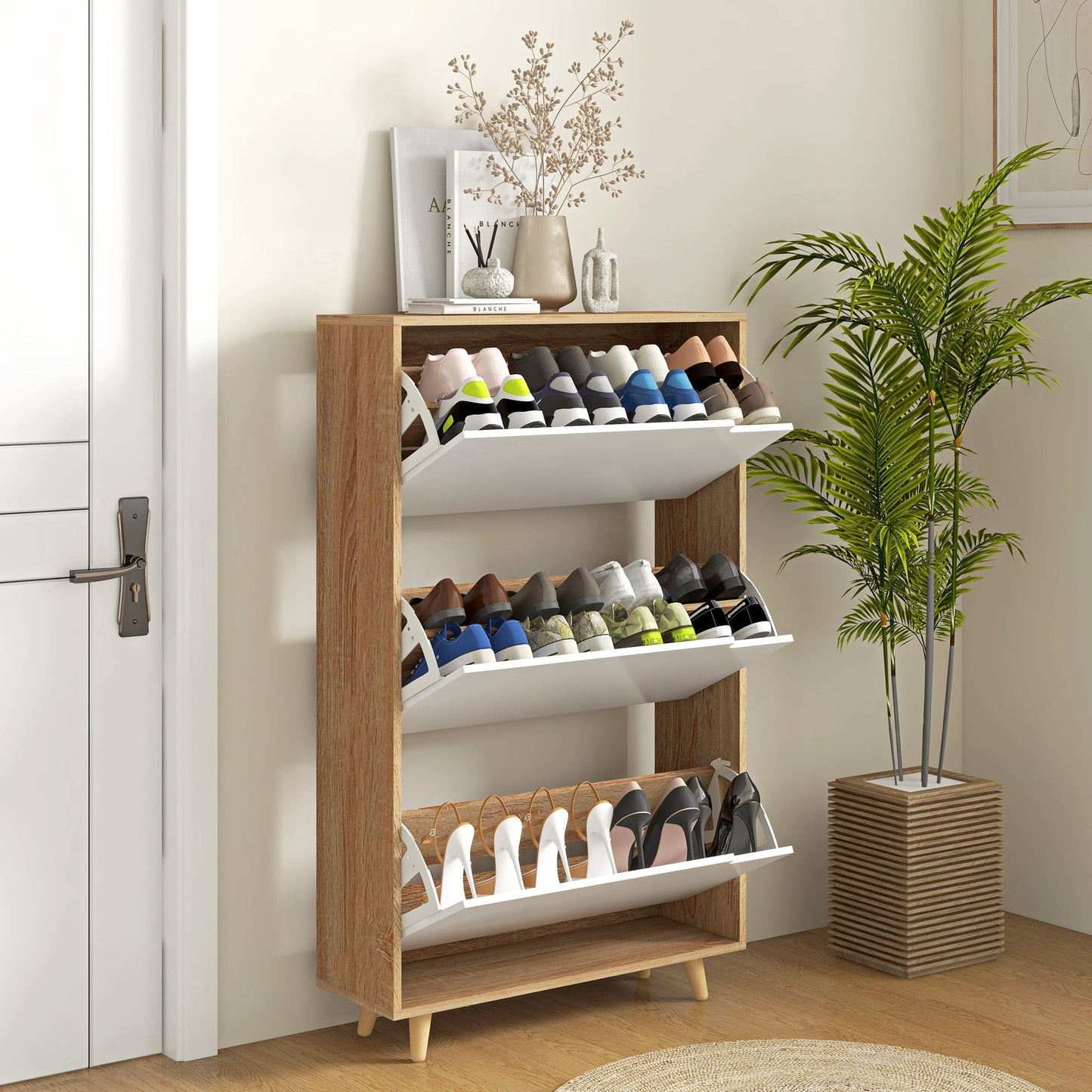 Slim Shoe Storage Cabinet with 3 Flip Drawers and Adjustable Shelves, Shoe Cabinet for 18-24 Pairs, White