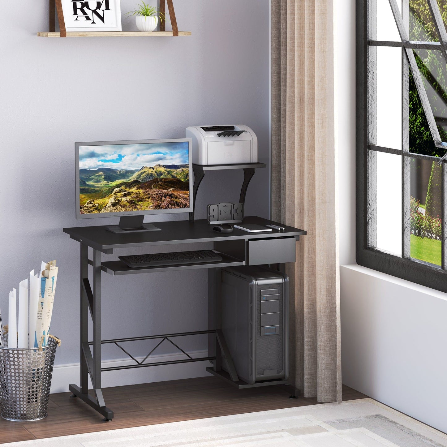 Computer Desk with Keyboard Tray and Drawer - Black