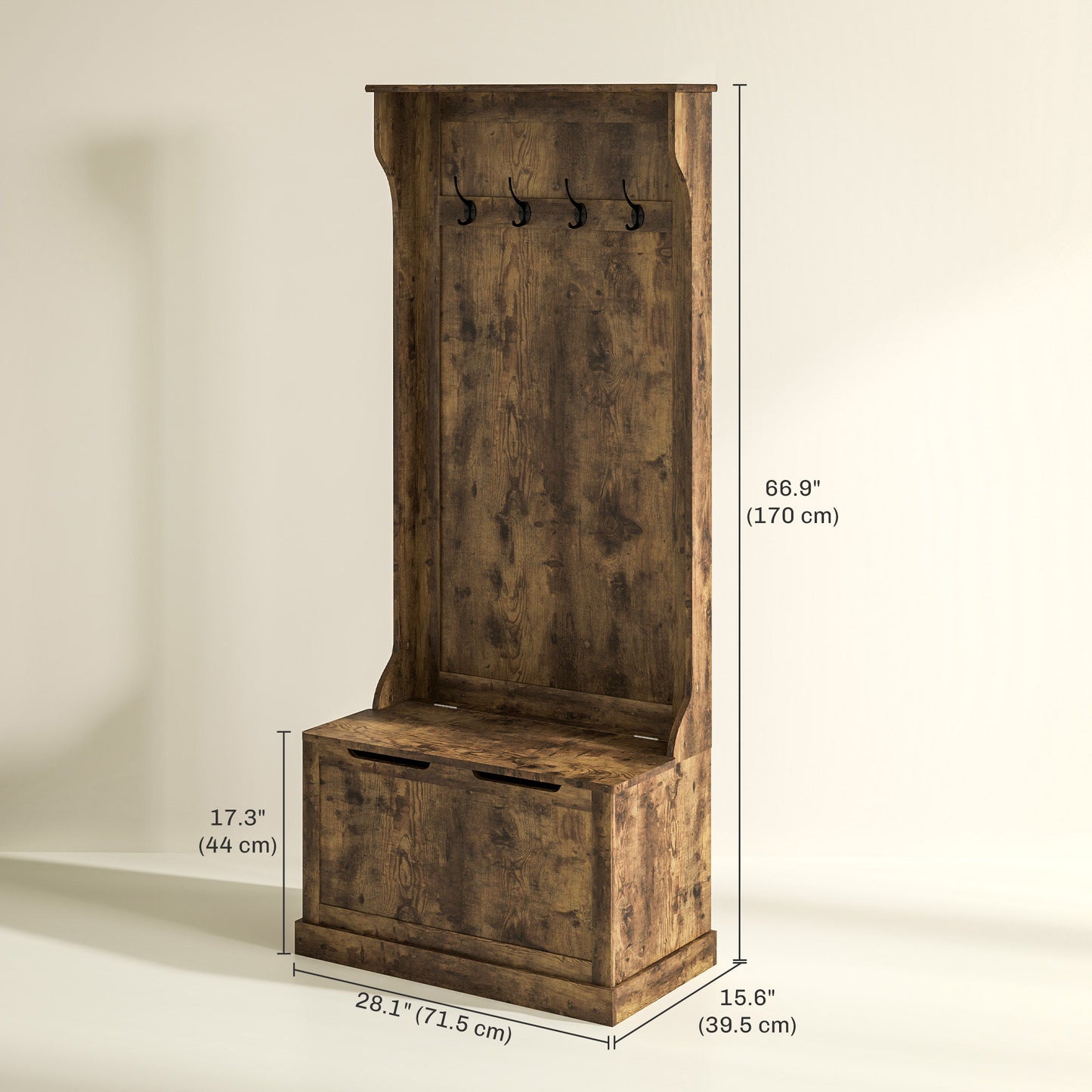 4-In-1 Hall Tree with Coat Rack, Top Shelf, Shoe Storage and Bench Seat, Entryway Bench with 4 Hooks, Rustic Brown