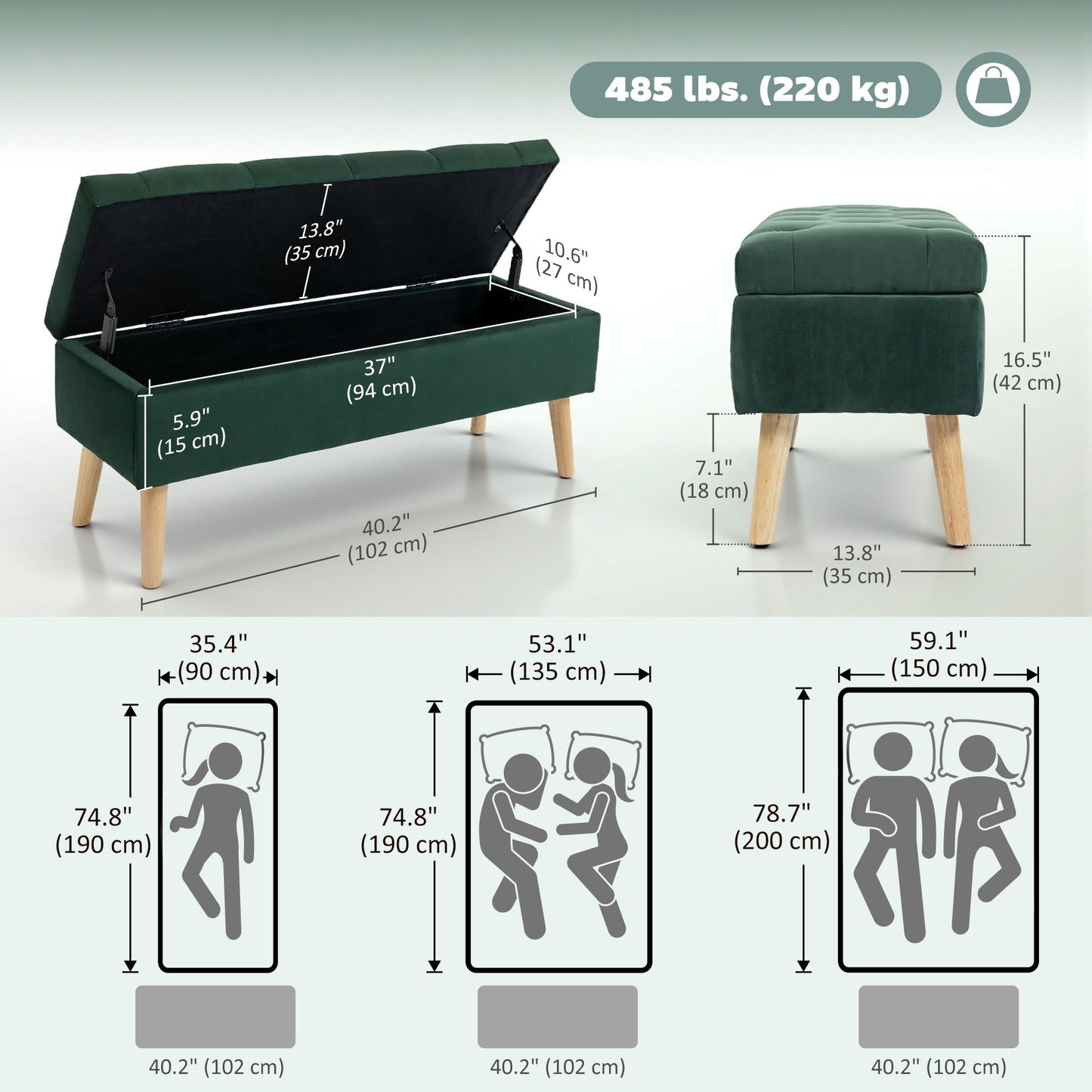 Storage Ottoman with Lid, Velvet Upholstered Storage Bench with Wood Legs for Living Room, Dark Green