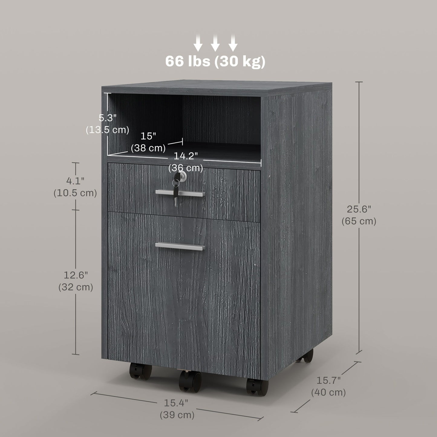 Small Filing Cabinet with 2 Drawers, Lockable Home Office Storage Cabinets on Wheels for A4, Letter Size, Grey
