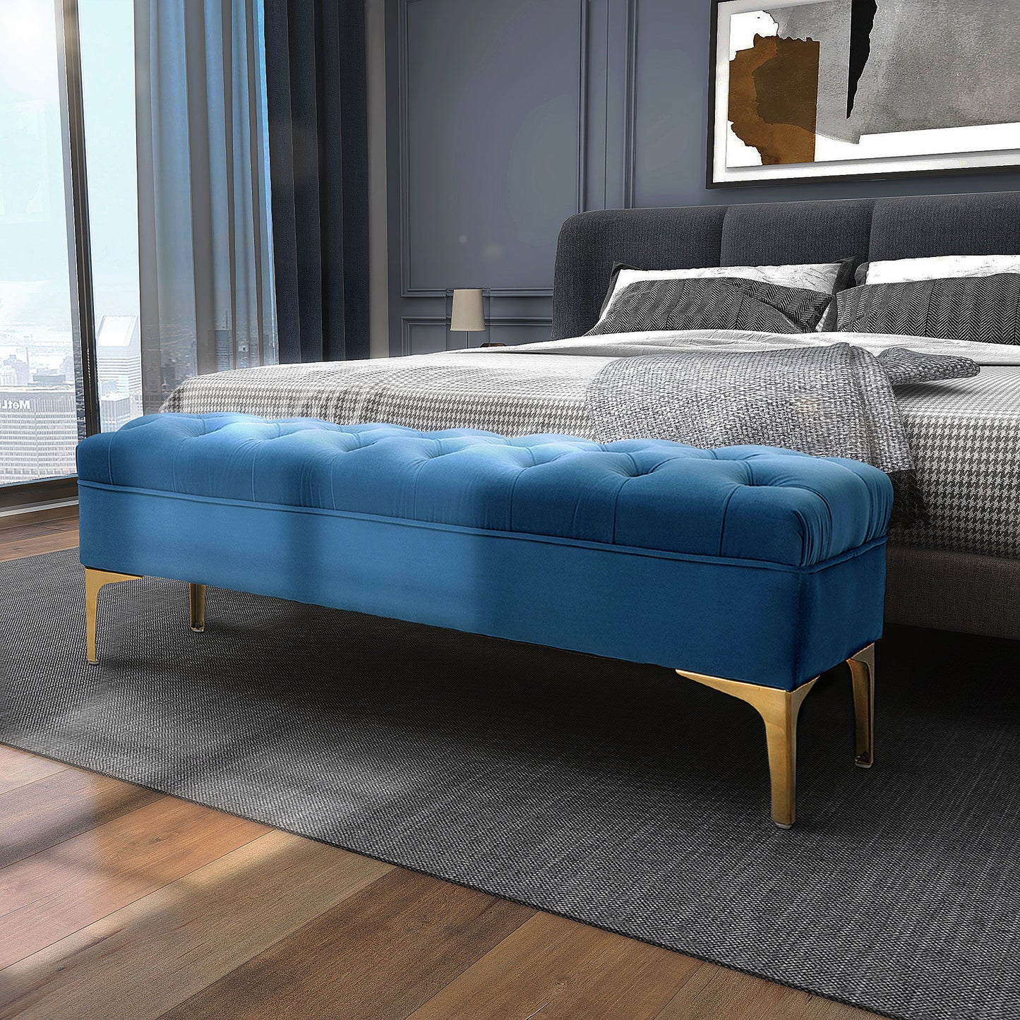 End of Bed Bench, Upholstered Bench, Entryway Shoe Bench with Button Tufted for Living Room, Bedroom, Blue