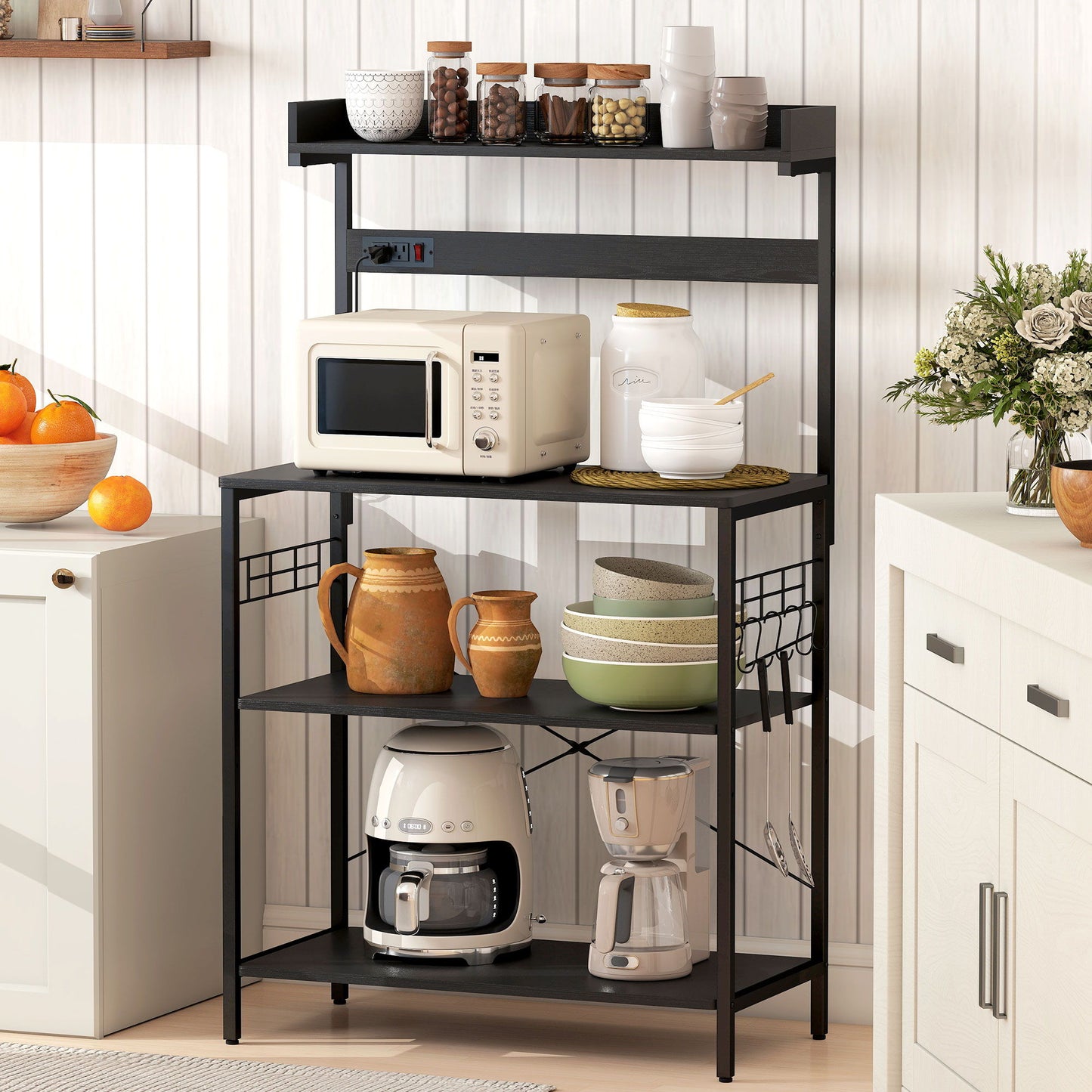 Kitchen Baker's Rack with Power Outlet, Coffee Bar Station with Adjustable Shelves and Hooks, Distressed Black
