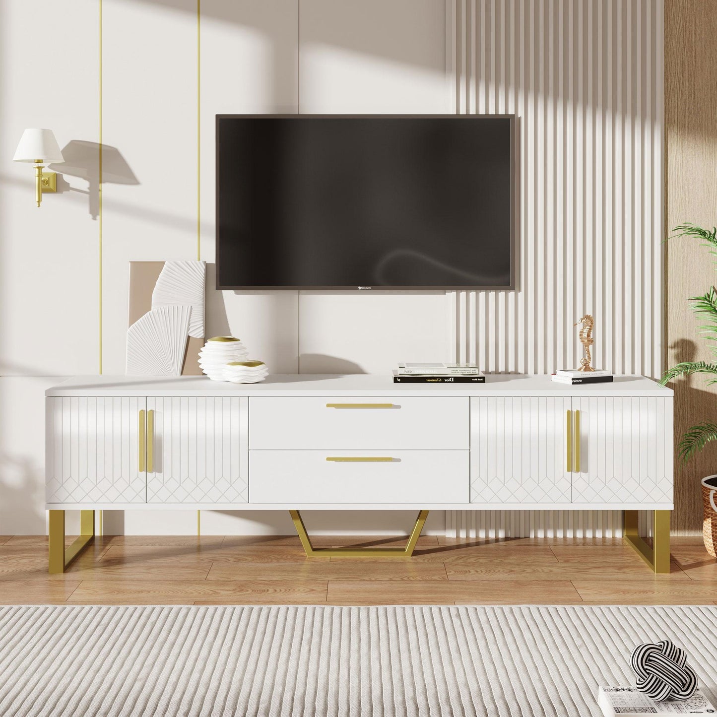 Modern TV Cabinet with Centre Drawers and Internal Shelves, Floor-Standing Console with Cable Management, 67'' L x 15.5'' W x 20.5'' H, White