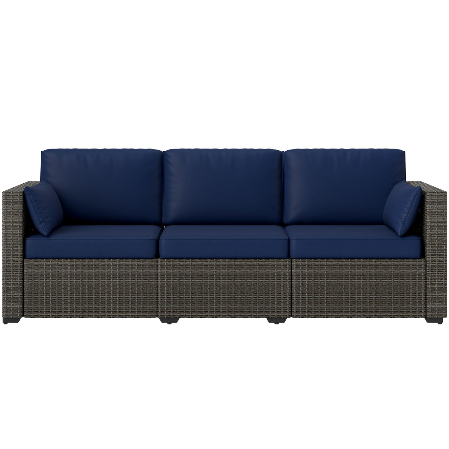 3-Seater Outdoor Sofa with Cushions, PE Rattan Conversation Patio Couch with Pillows for Garden, Poolside, Blue/Brown