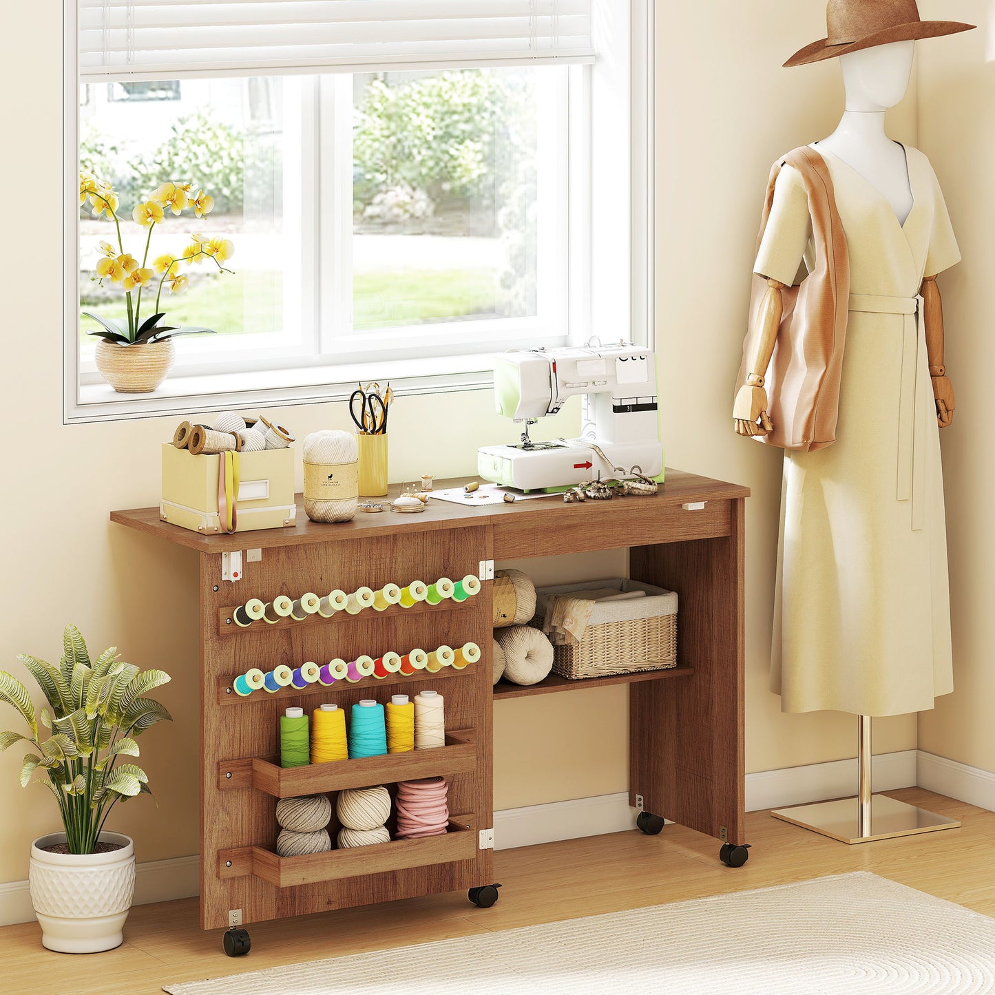 Sewing Machine Table on Wheels, Folding Craft Table with 2 Bins, Storage Shelf, 18 Pegs, Lockable Wheels, Brown