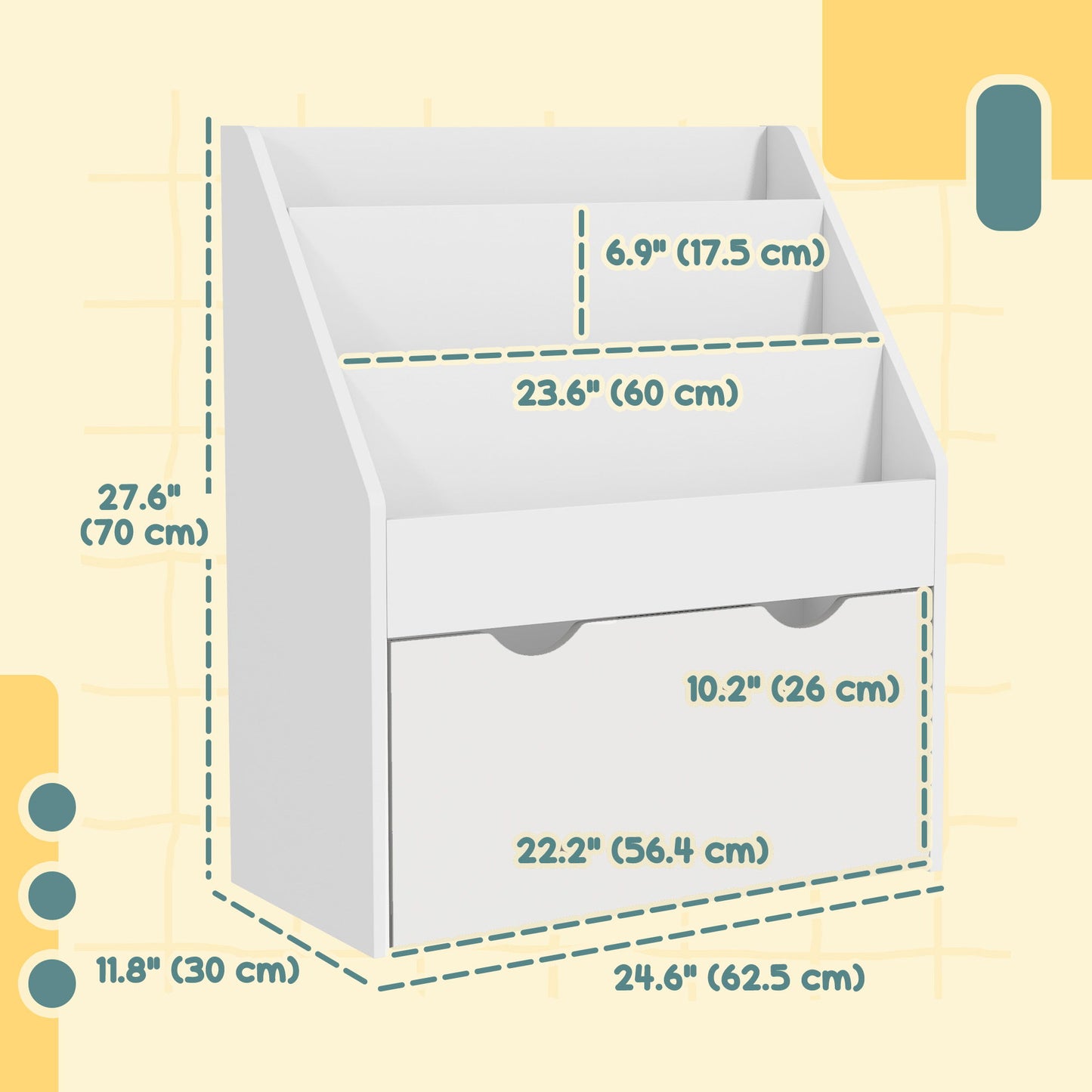 Kids Bookshelf with 3 Tier Display Shelves, Drawer for Nursery, White