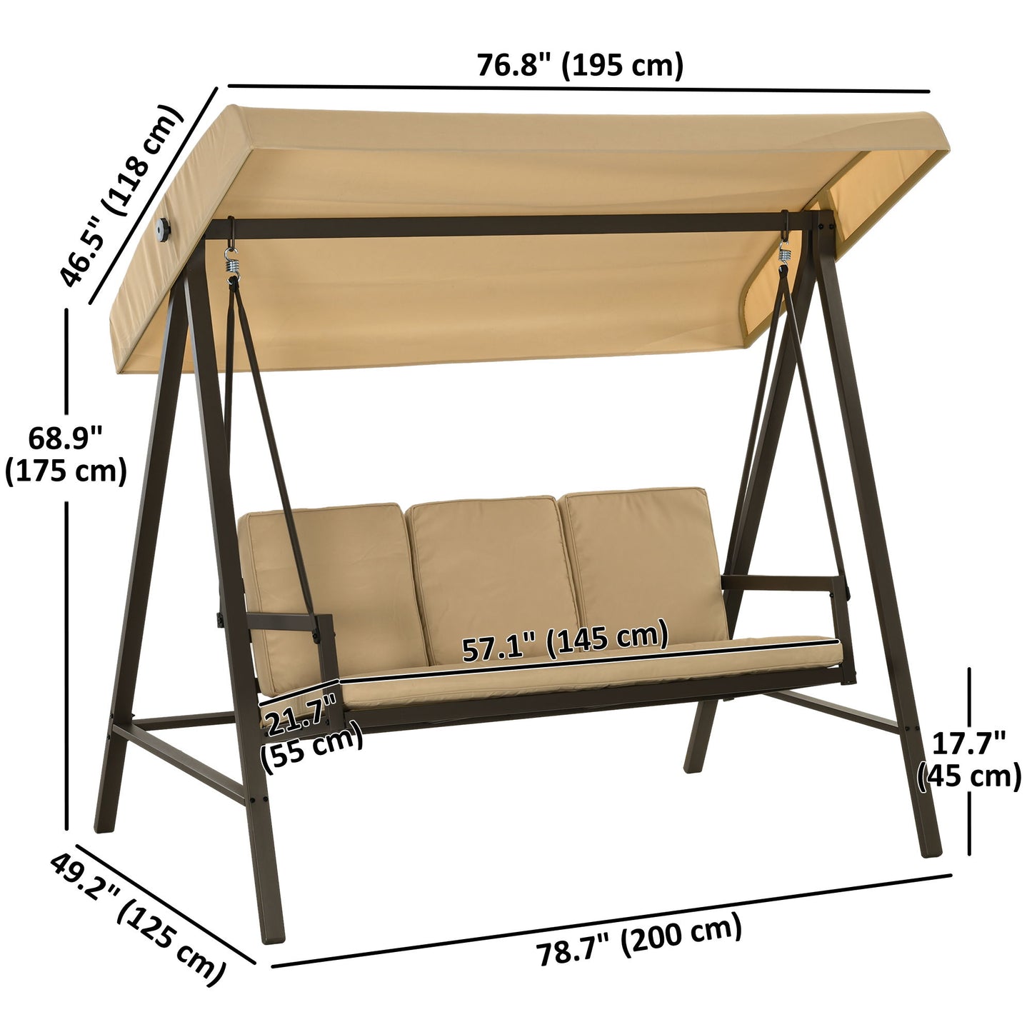 3 Seater Patio Swing Chair, Porch Swing with Adjustable Canopy and Removable Cushions, Outdoor Swing Seat, Beige