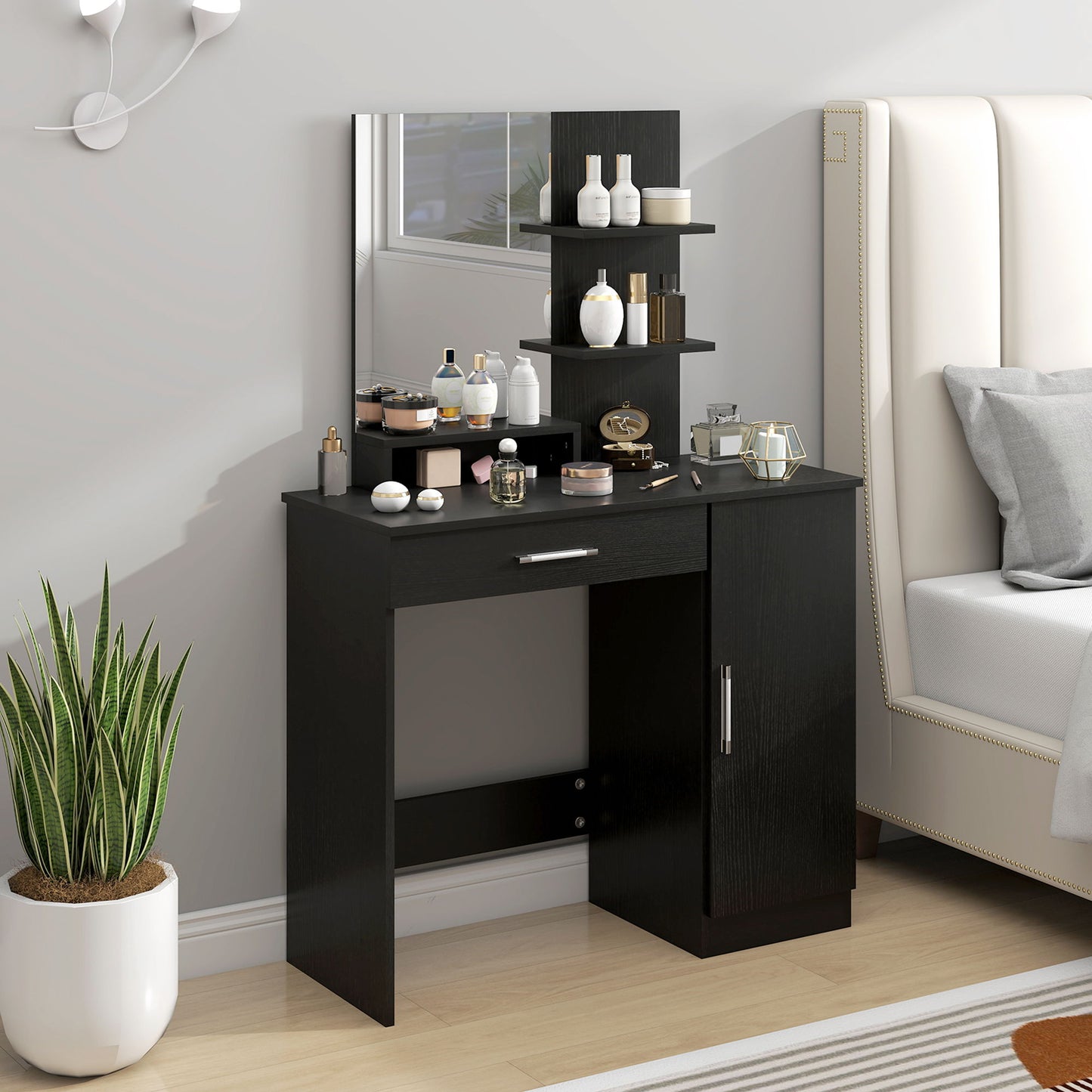 Vanity Desk with Mirror, Makeup Vanity w/ Drawer, Open Compartment and Shelves, Cabinet, Adjustable Shelves for Bedroom