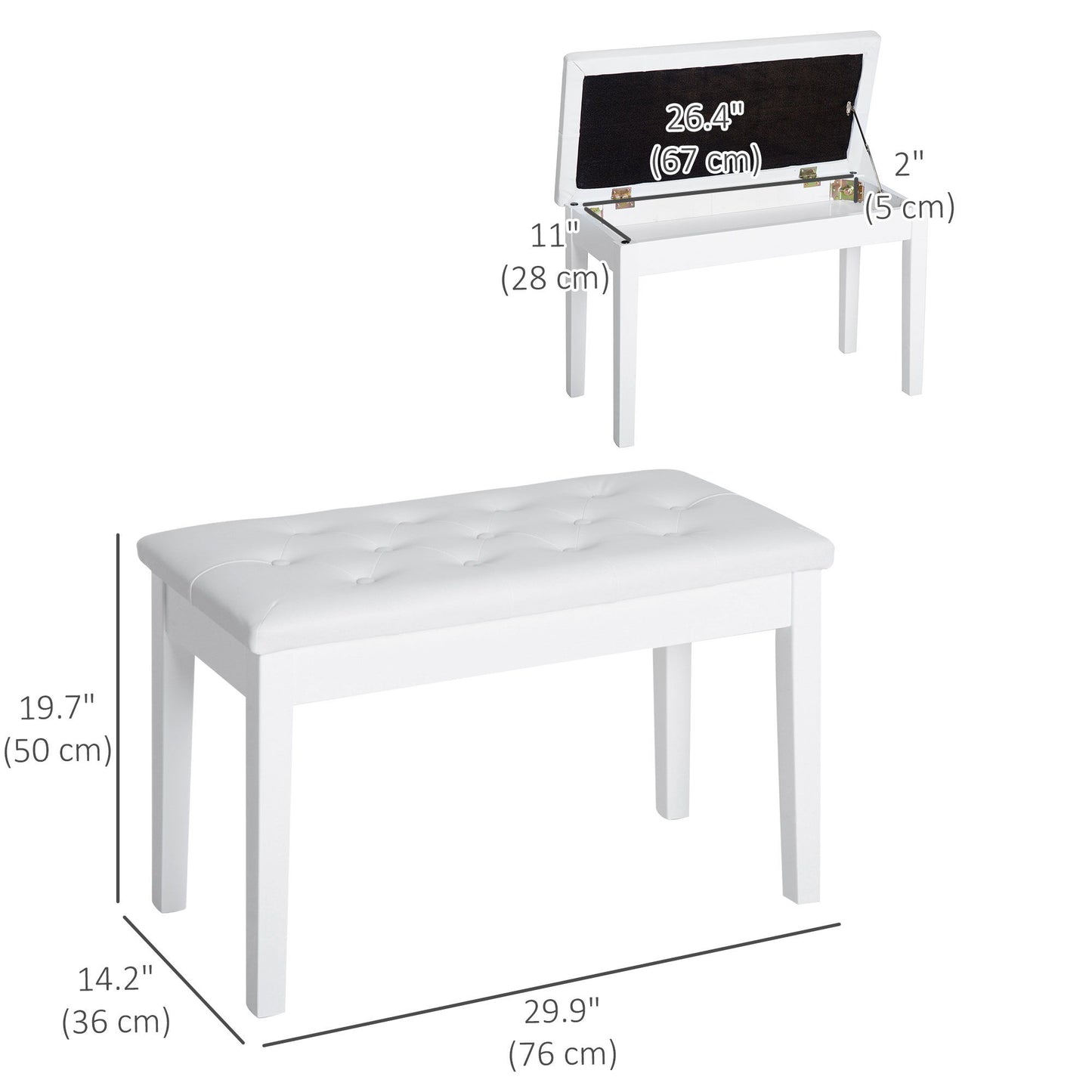 30" Piano Bench with Padded Cushion and Storage, Faux Leather Keyboard Bench with Solid Wood Legs, White