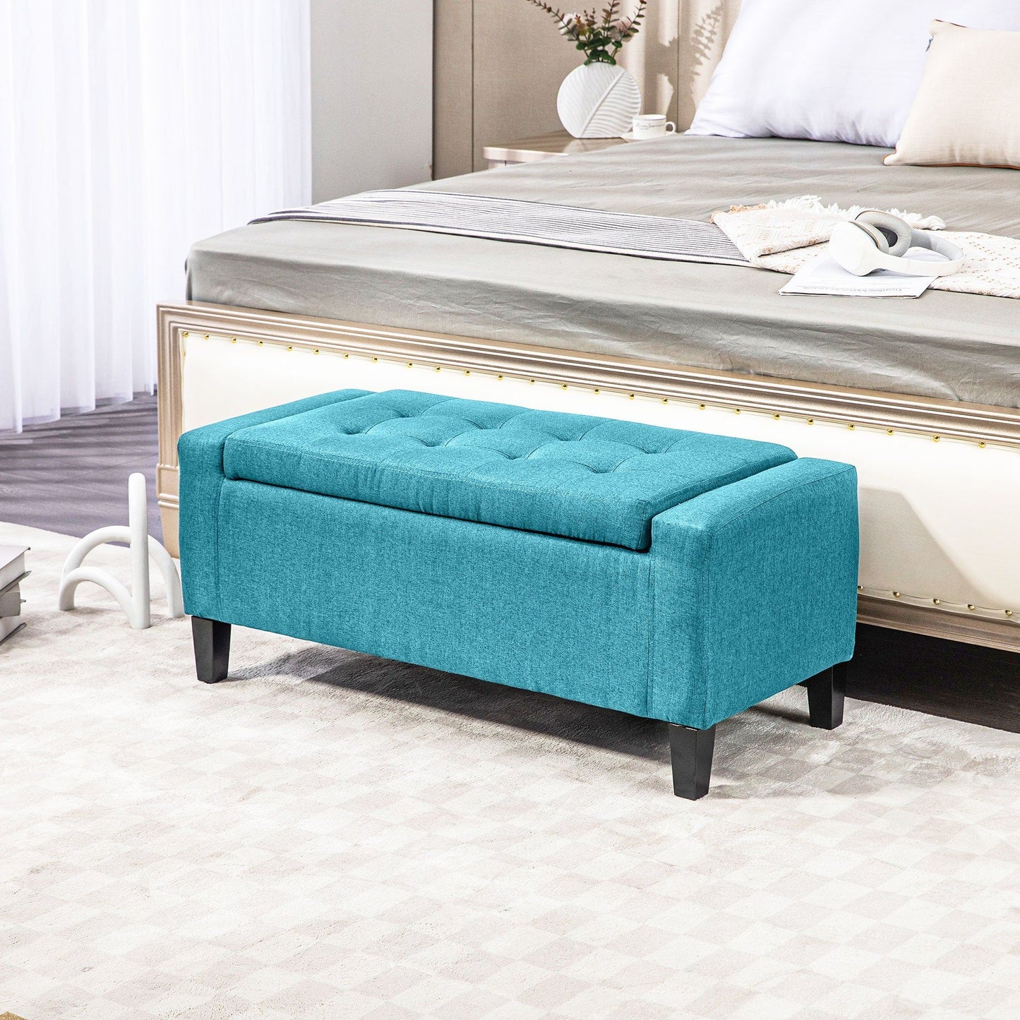 Tufted Linen Storage Ottoman Bench - Green