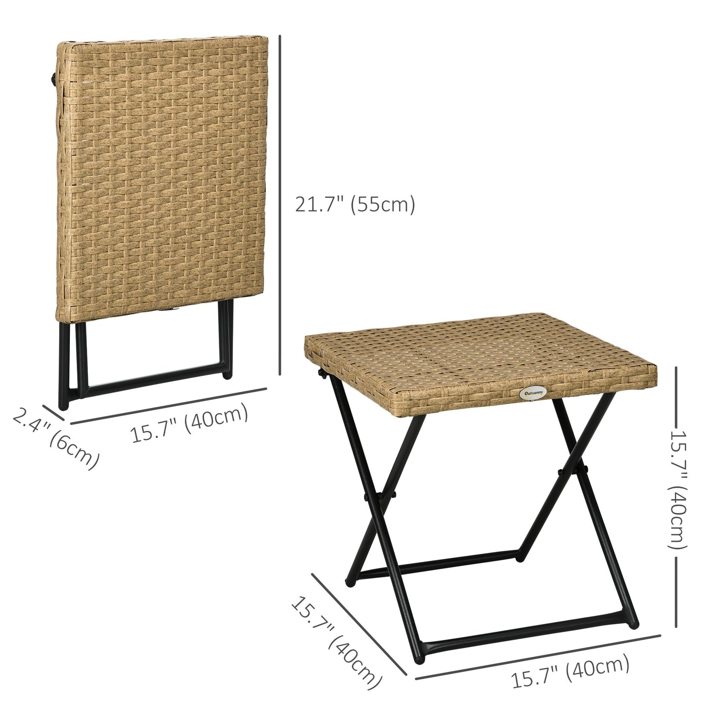 Patio Wicker Coffee Table, Outdoor PE Rattan Garden Folding Side Table, 15.75"x15.75"x15.75", Nature Wood