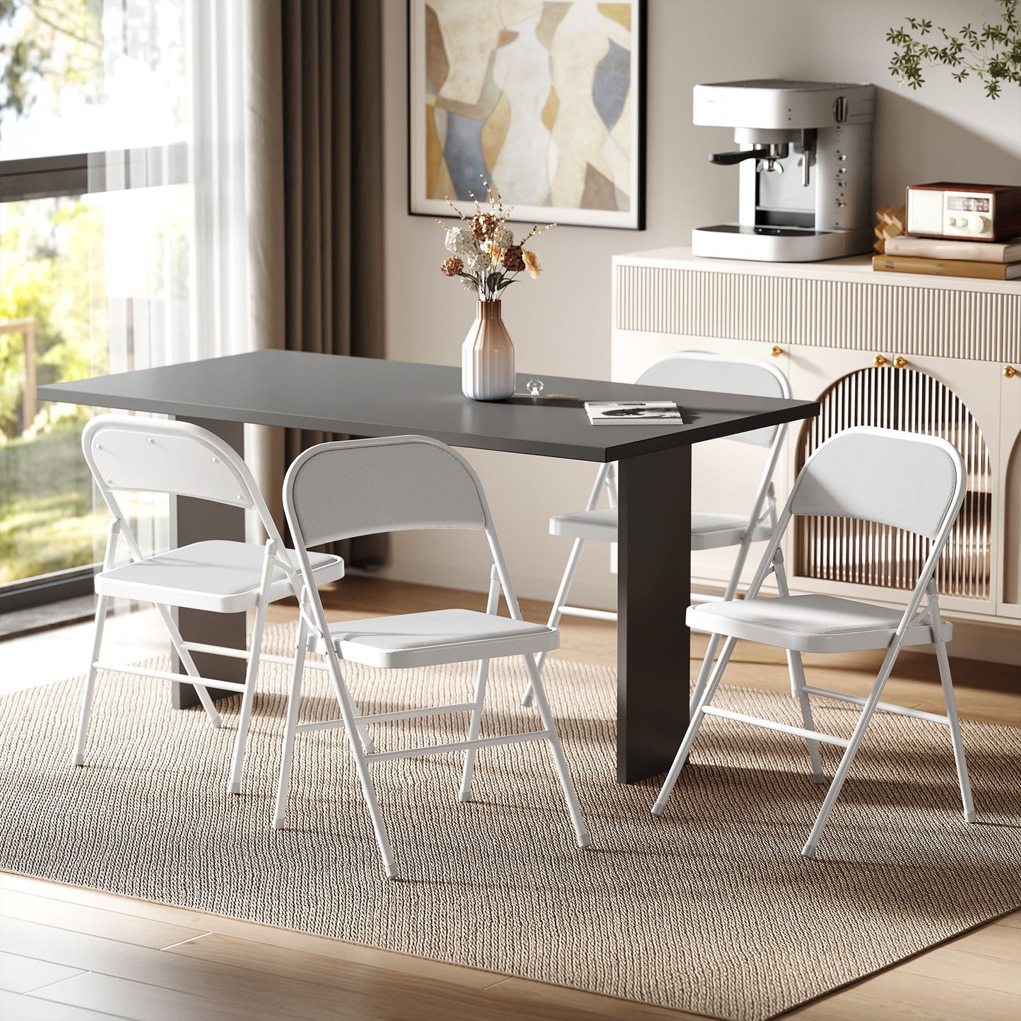 Set of 4 Metal Foldable Chairs, Corduroy Padded Folding Chairs with Cushion Seat and Open Back for Indoor, White