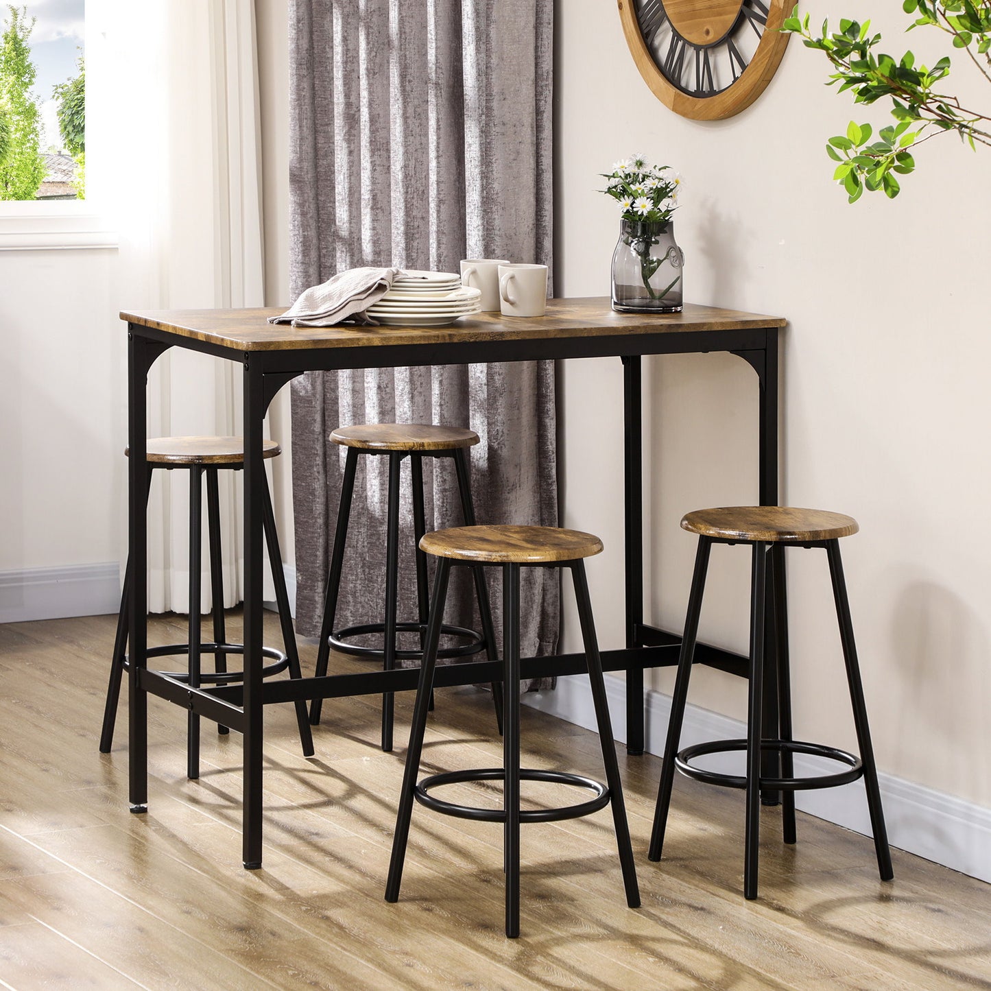 5-Piece Bar Table Set for 4, Industrial Counter Height Bar Table and Chairs for Kitchen, Dining Room, Rustic Brown