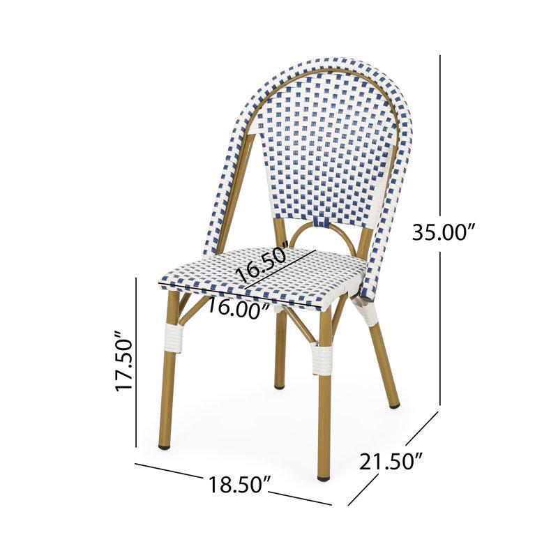 Set of 2 French Bistro Chairs with PE Rattan and Aluminium Frame, Outdoor Chairs with Bamboo Print Finish, 18.5'' L x 21.5'' W x 35'' H, White+Blue