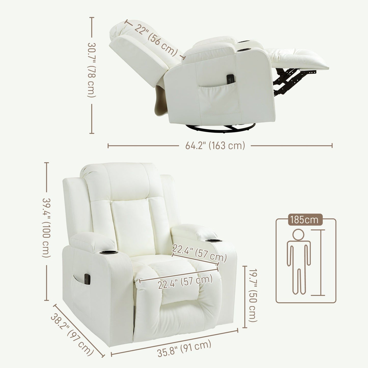 Swivel Massage Reclining Sofa with Cup Holders - Cream White