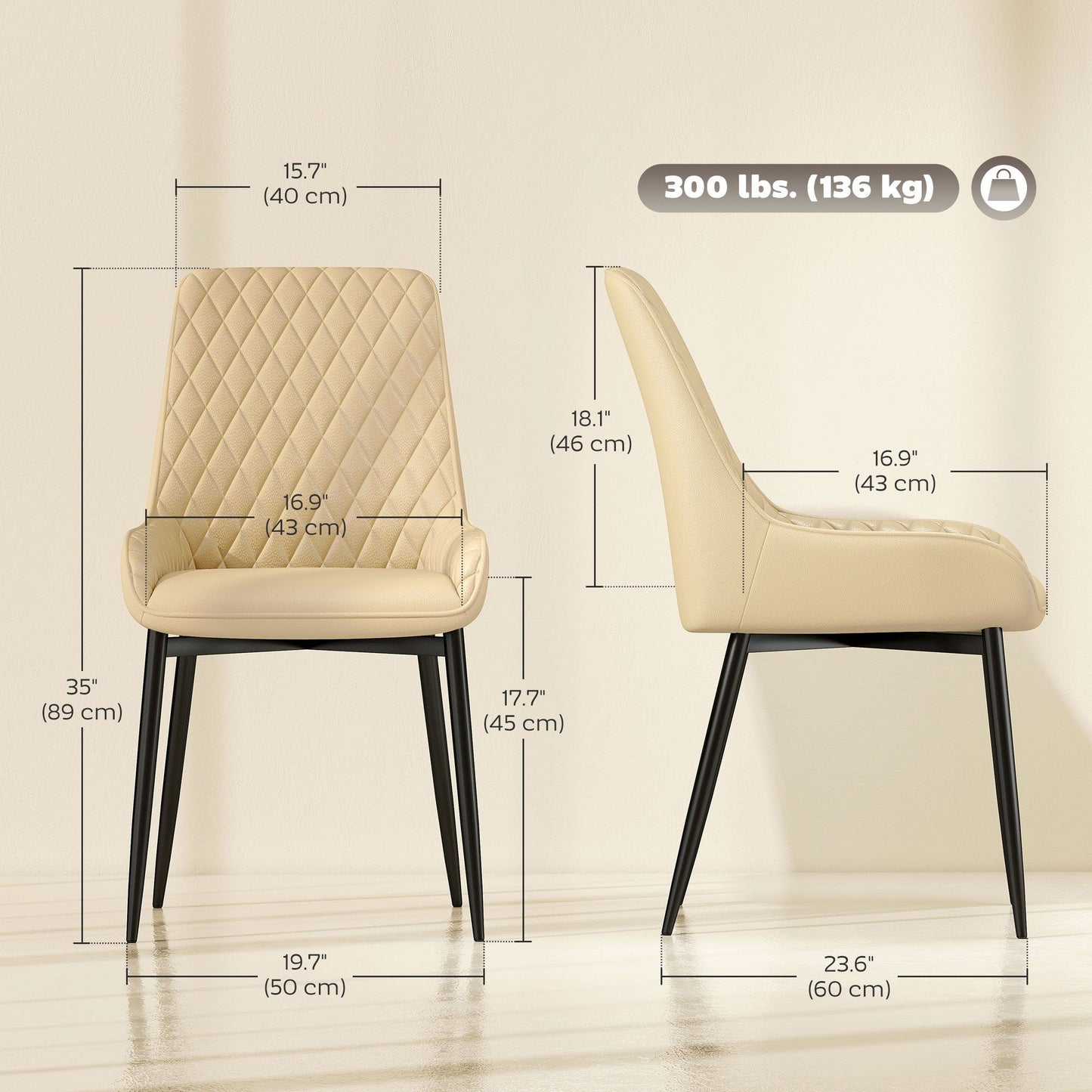 Set of 4 Tufted Dining Chairs with Steel Legs - Khaki