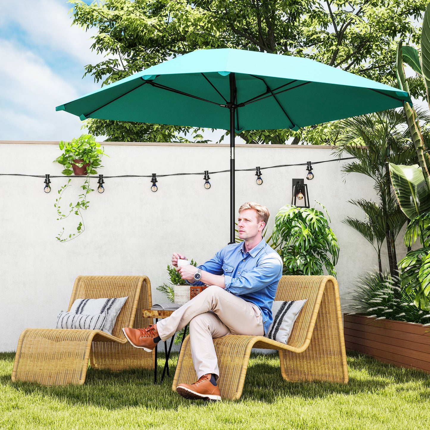 7.6FT Aluminum Patio Umbrella Parasol 8 Ribs Outdoor Market Umbrella with Crank, Push Button Tilt for Deck, Backyard and Lawn, Sky Blue